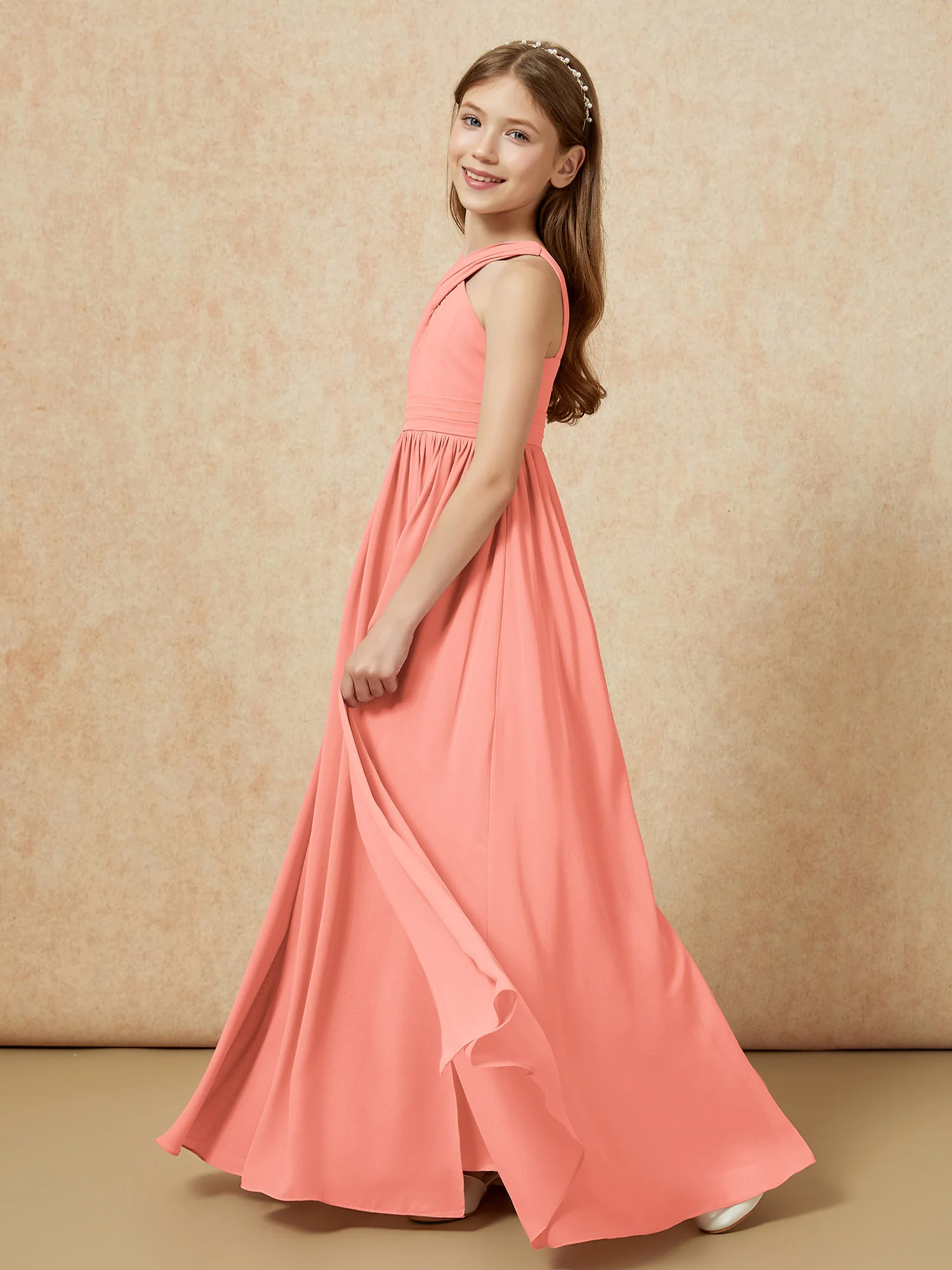 Grecian Neck Chiffon Junior Bridesmaid Dresses With Slit Sunset - Image 3