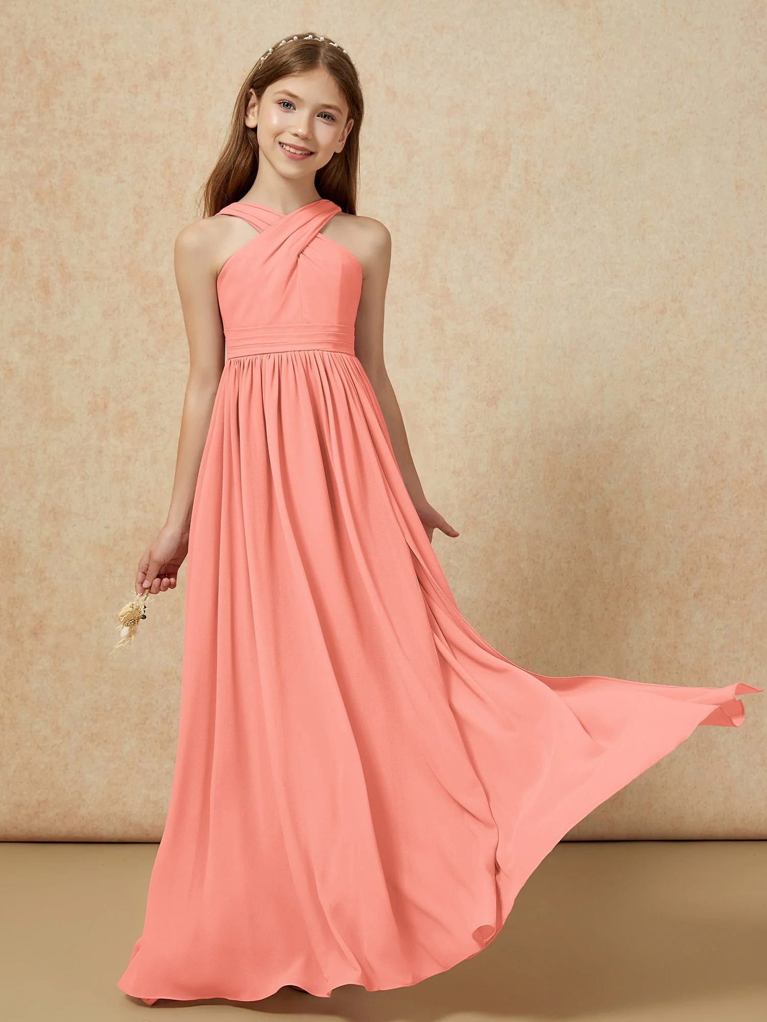 Grecian Neck Chiffon Junior Bridesmaid Dresses With Slit Sunset - Image 5