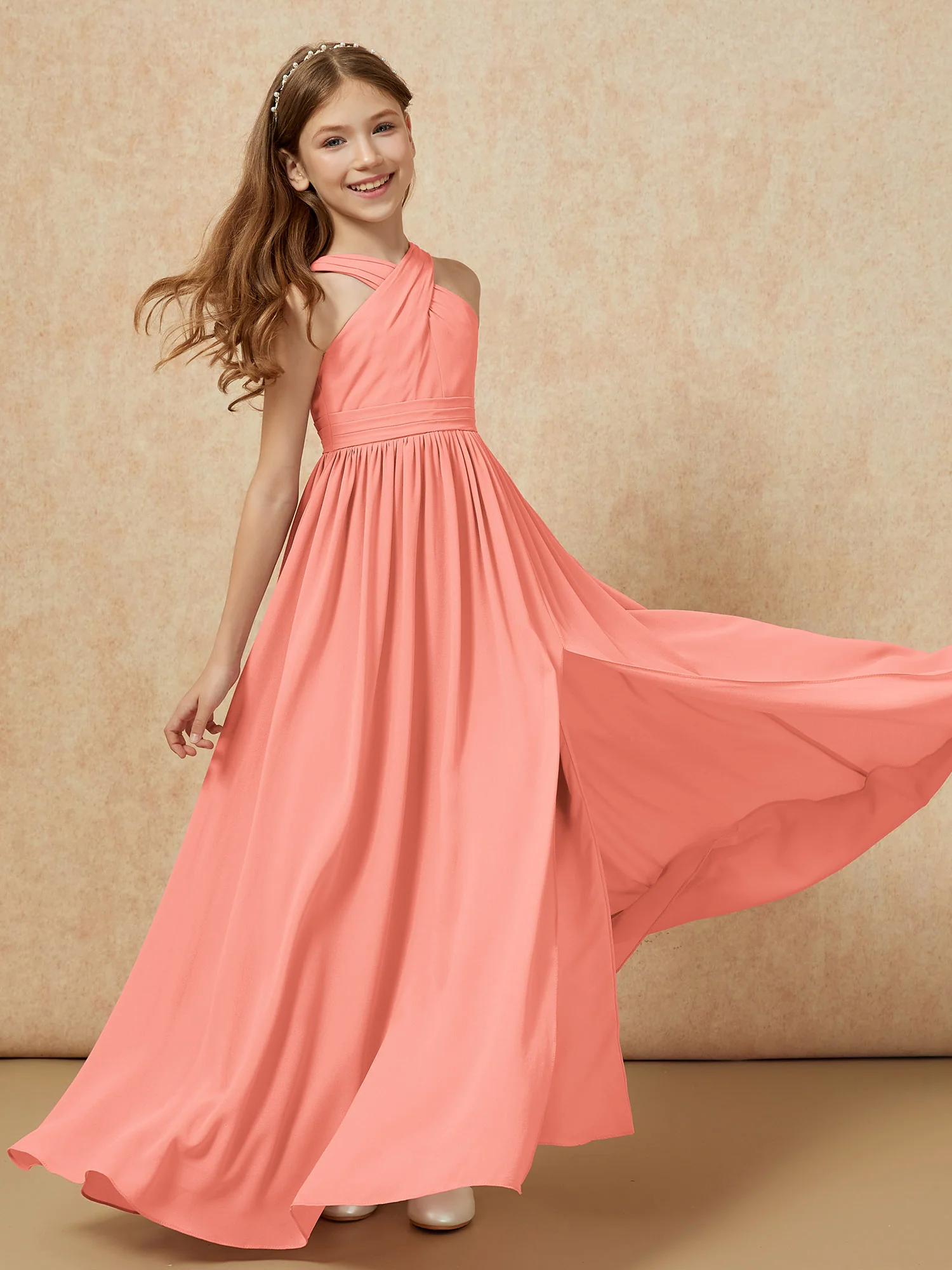 Grecian Neck Chiffon Junior Bridesmaid Dresses With Slit Sunset - Image 6