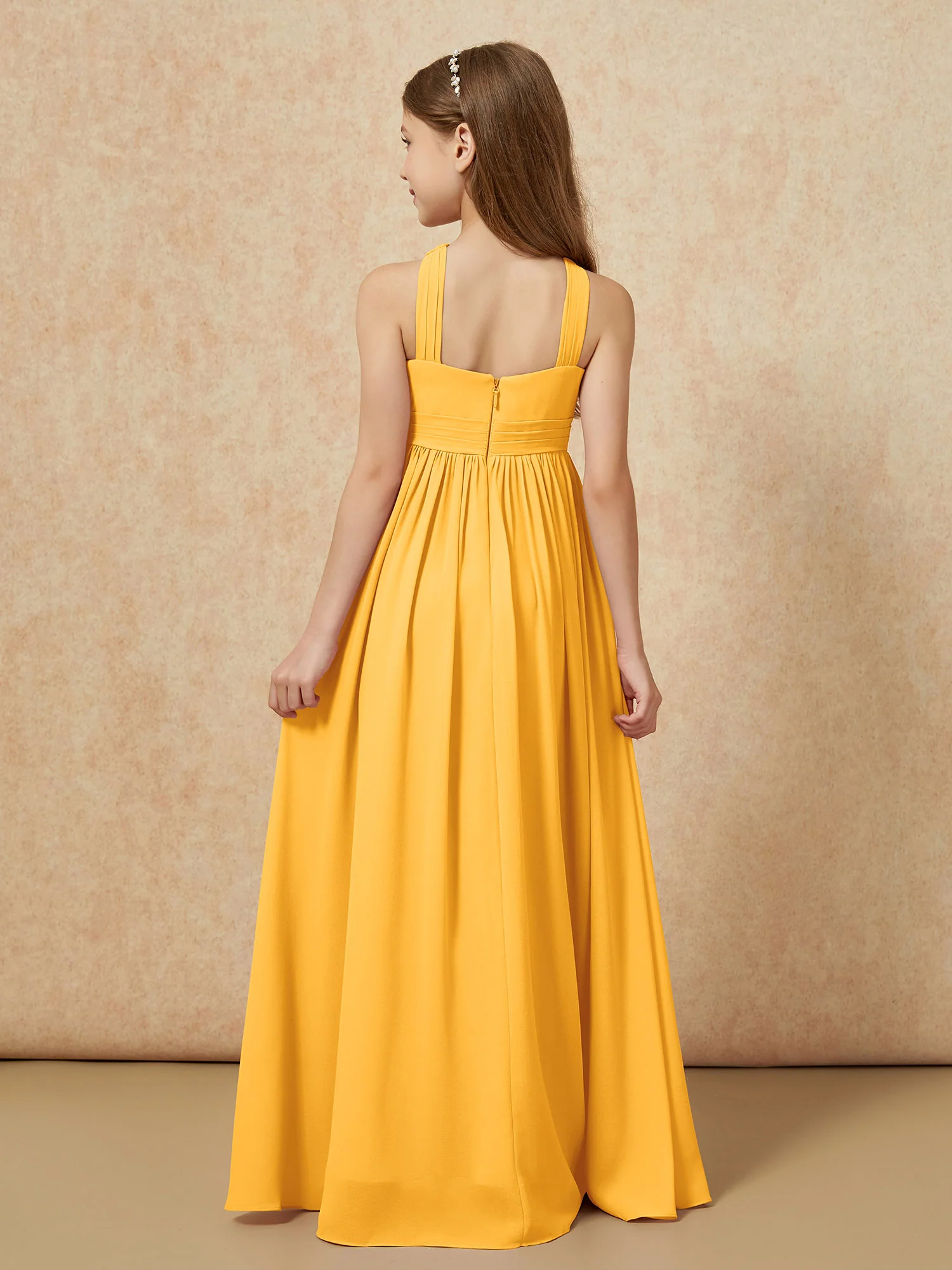 Grecian Neck Chiffon Junior Bridesmaid Dresses With Slit Tangerine - Image 2