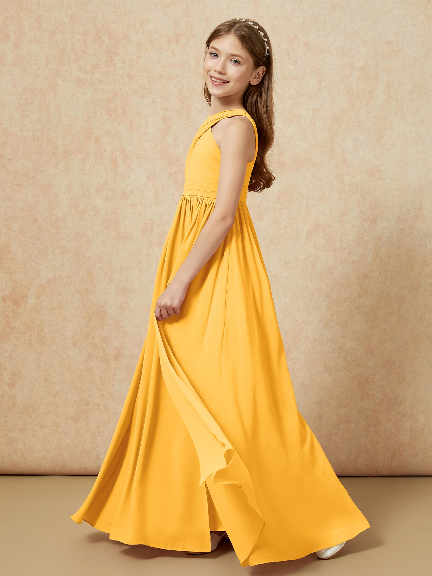 Grecian Neck Chiffon Junior Bridesmaid Dresses With Slit Tangerine - Image 3