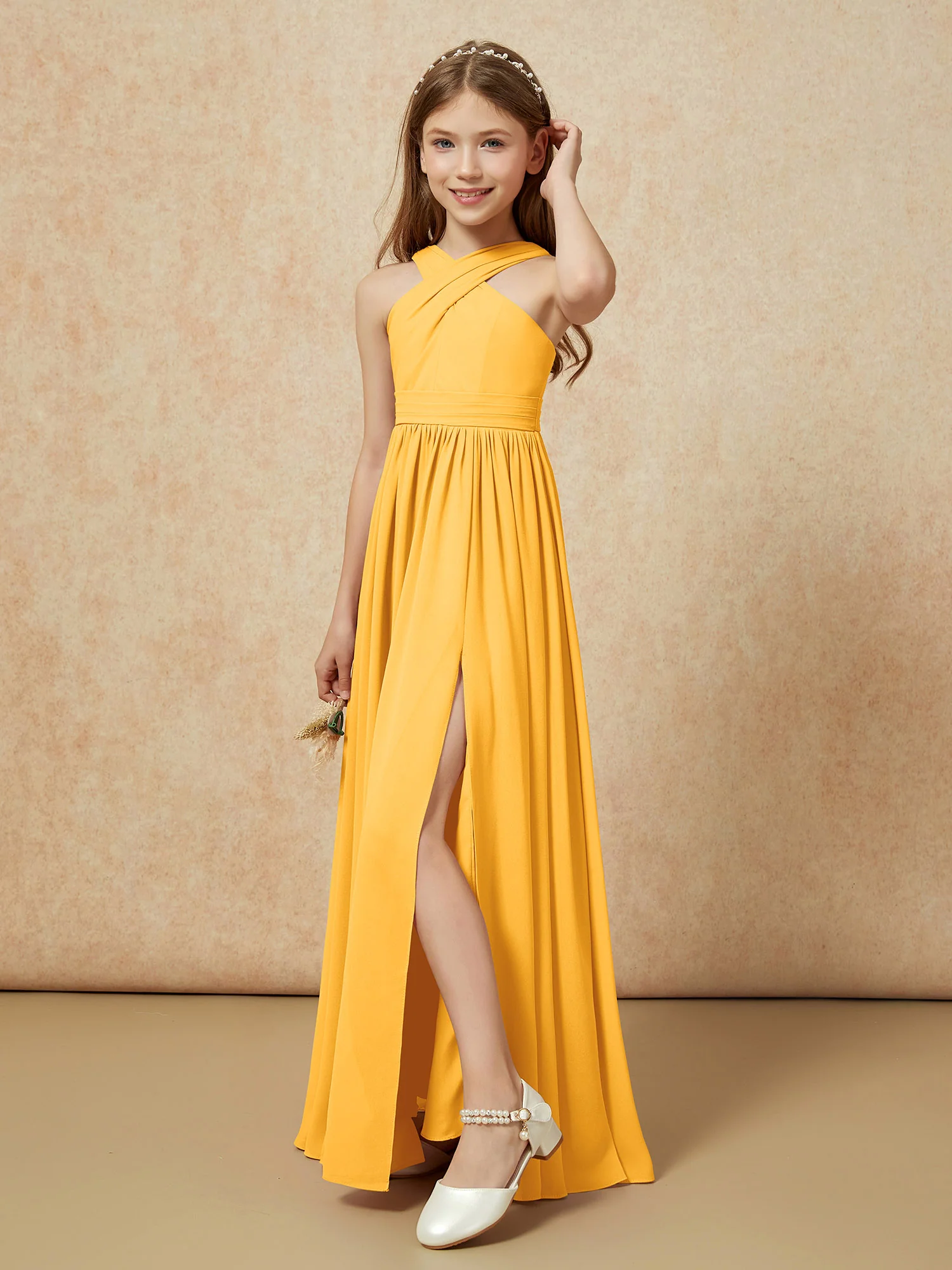 Grecian Neck Chiffon Junior Bridesmaid Dresses With Slit Tangerine - Image 4