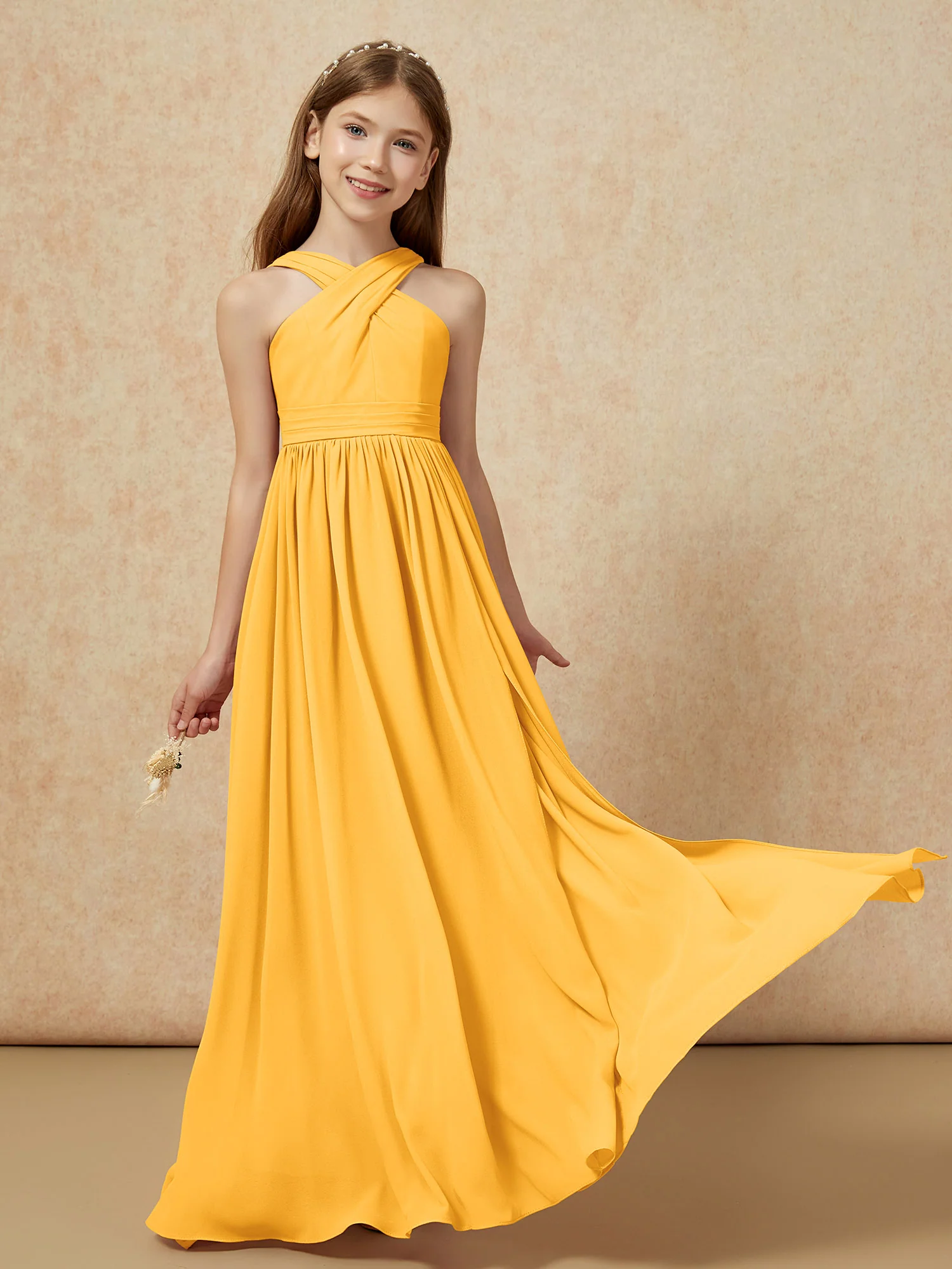 Grecian Neck Chiffon Junior Bridesmaid Dresses With Slit Tangerine - Image 5