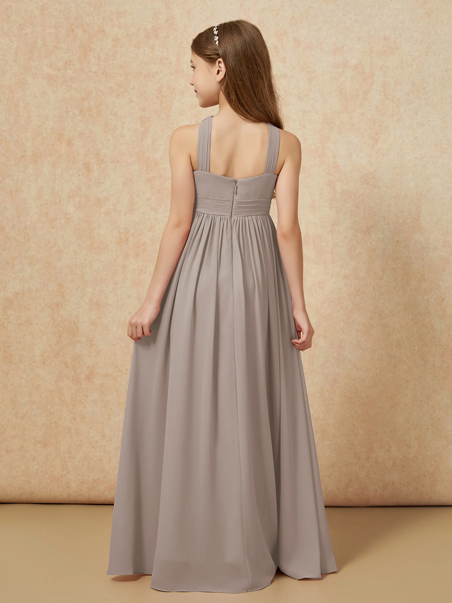 Grecian Neck Chiffon Junior Bridesmaid Dresses With Slit Taupe - Image 2