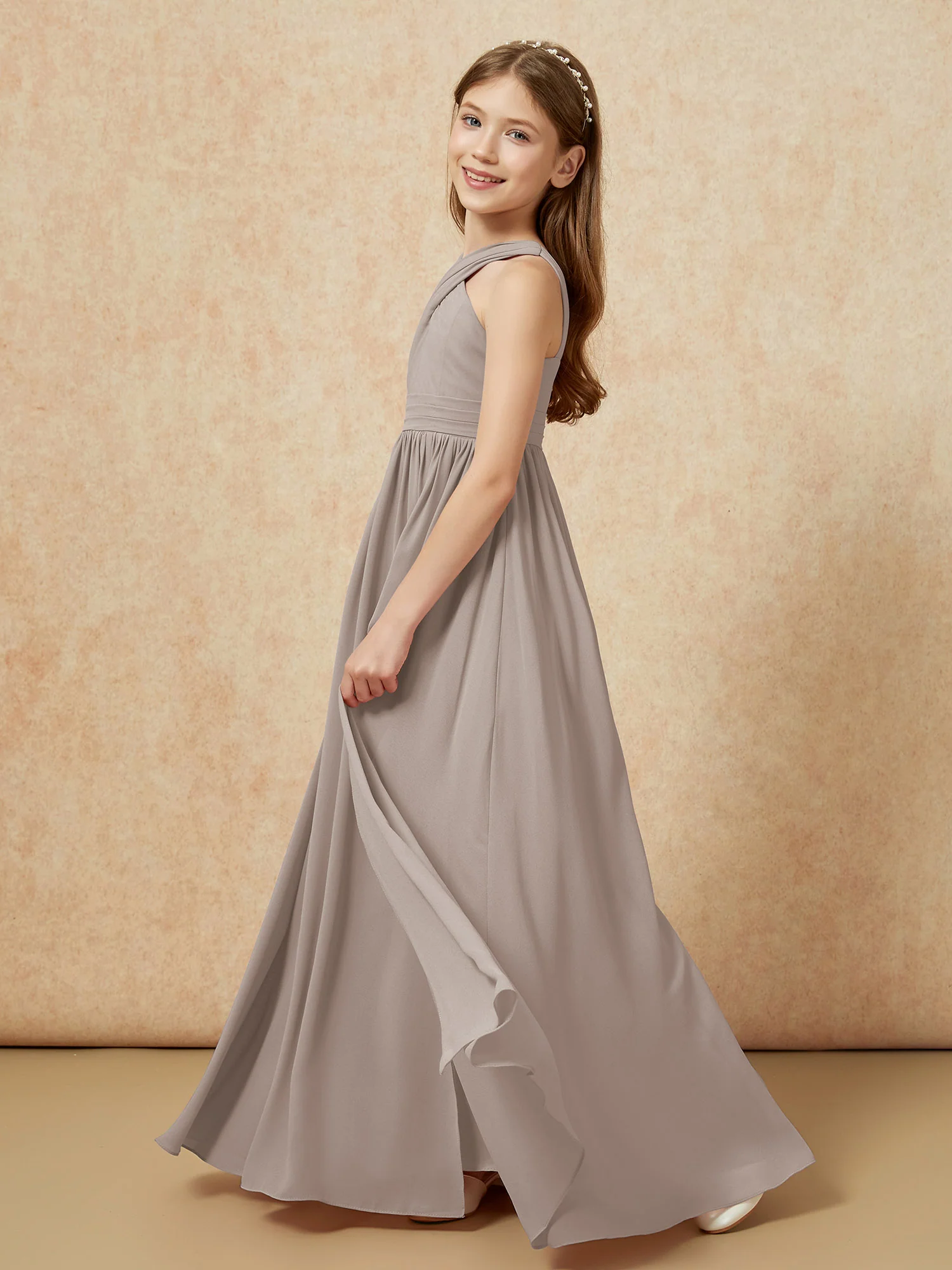 Grecian Neck Chiffon Junior Bridesmaid Dresses With Slit Taupe - Image 3