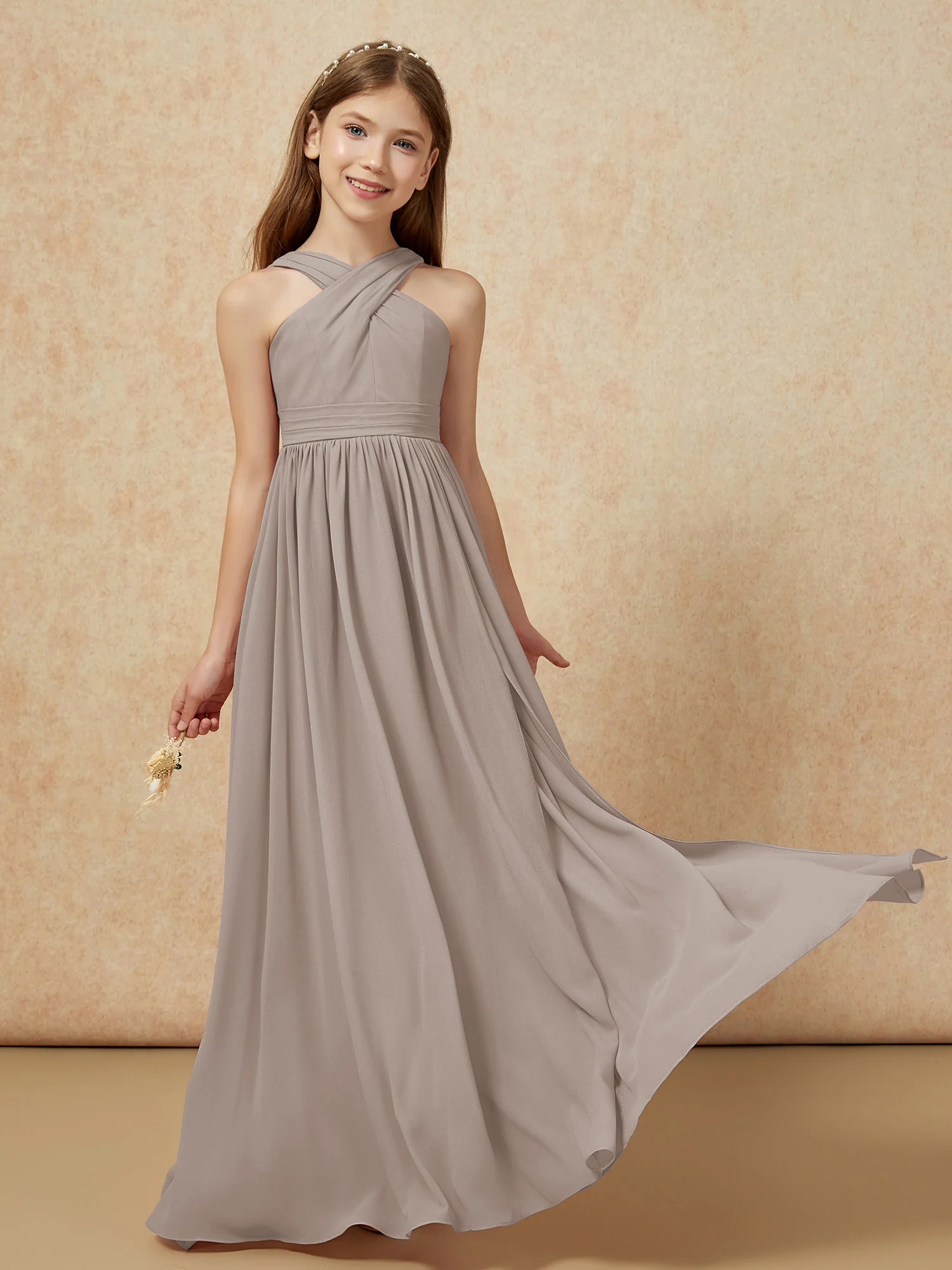 Grecian Neck Chiffon Junior Bridesmaid Dresses With Slit Taupe - Image 5