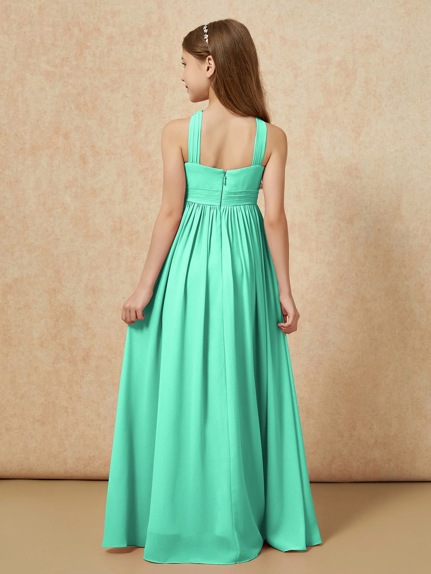 Grecian Neck Chiffon Junior Bridesmaid Dresses With Slit Turquoise - Image 2
