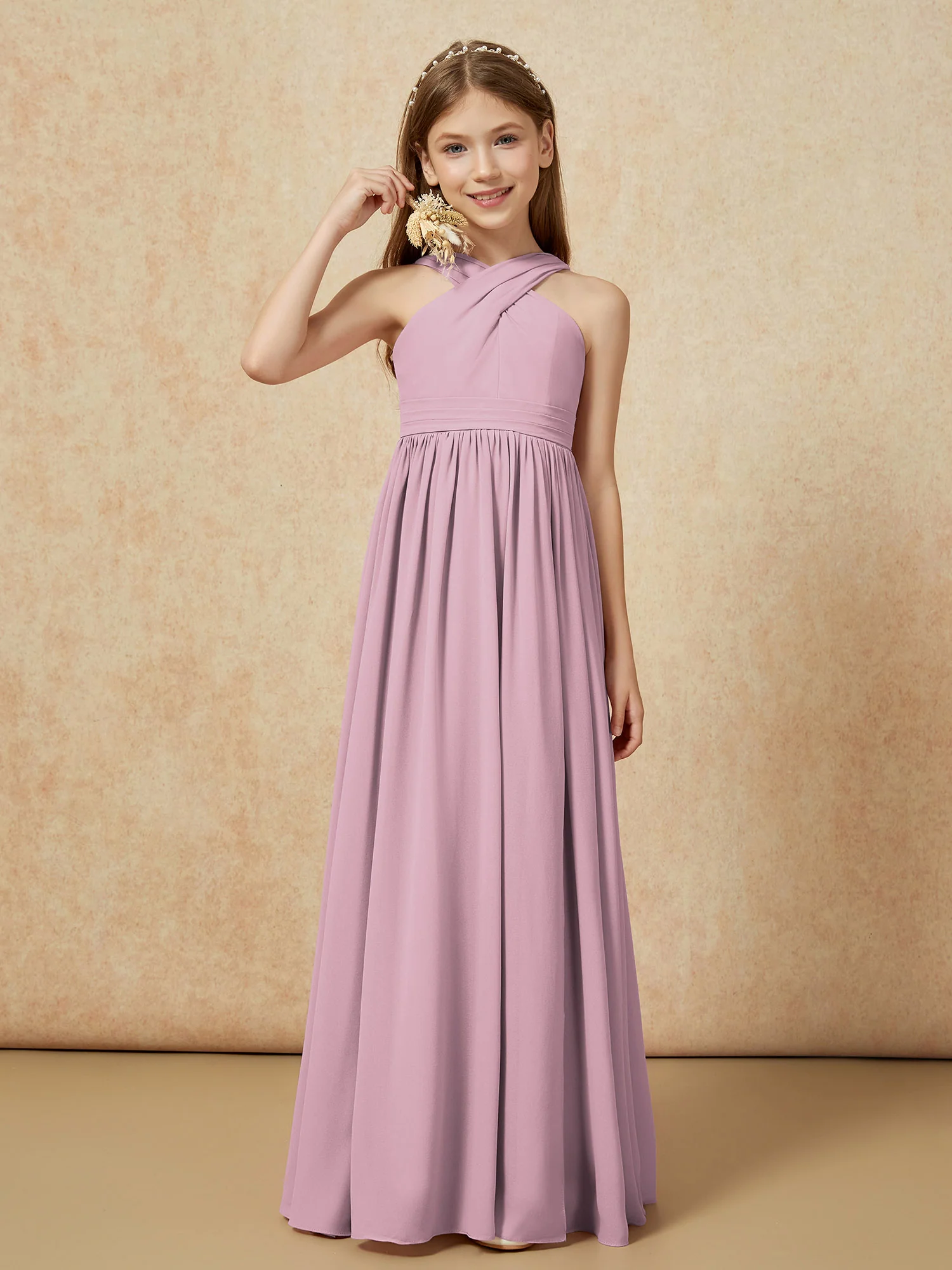 Grecian Neck Chiffon Junior Bridesmaid Dresses With Slit Vintage Mauve