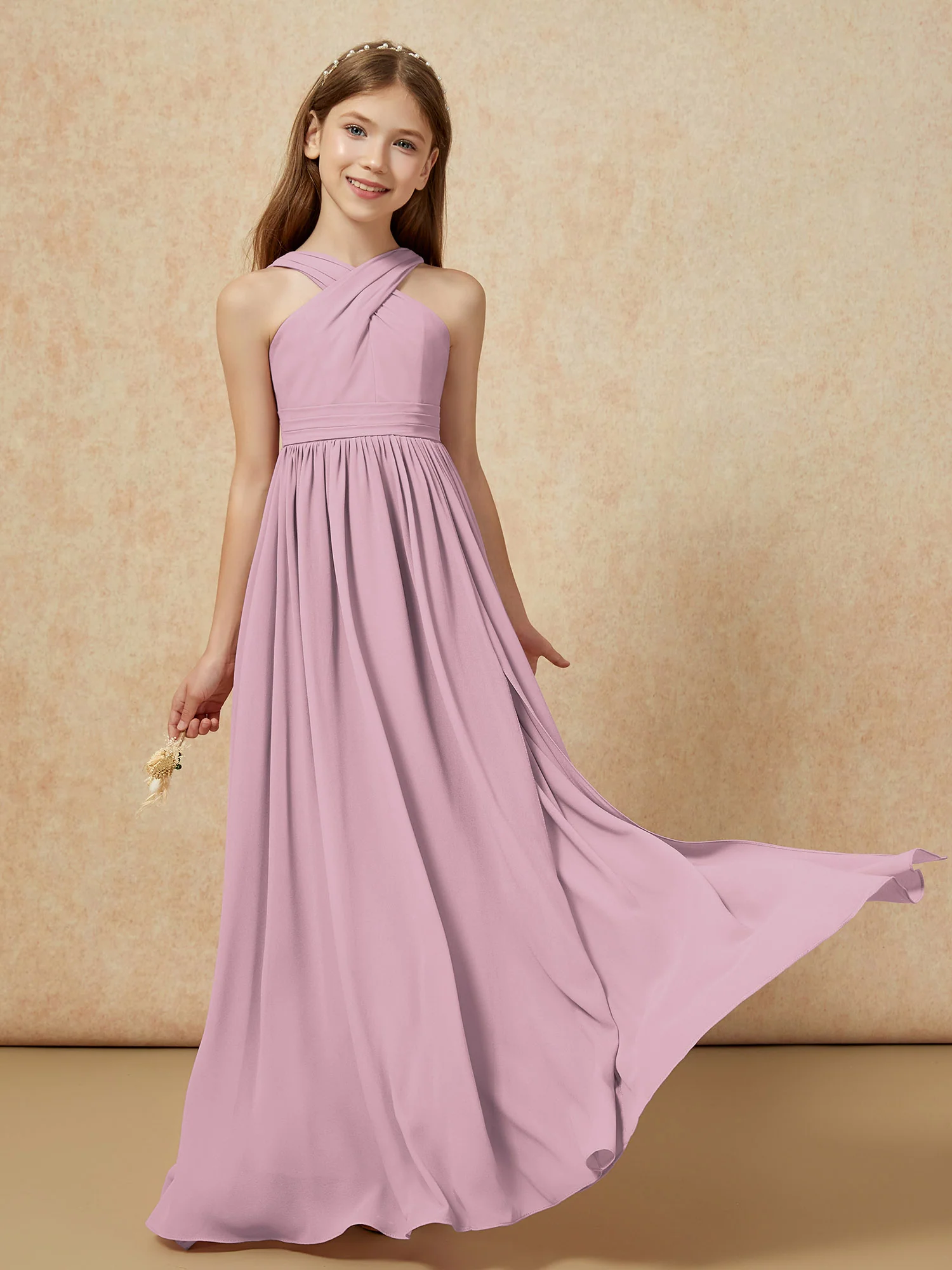 Grecian Neck Chiffon Junior Bridesmaid Dresses With Slit Vintage Mauve - Image 5