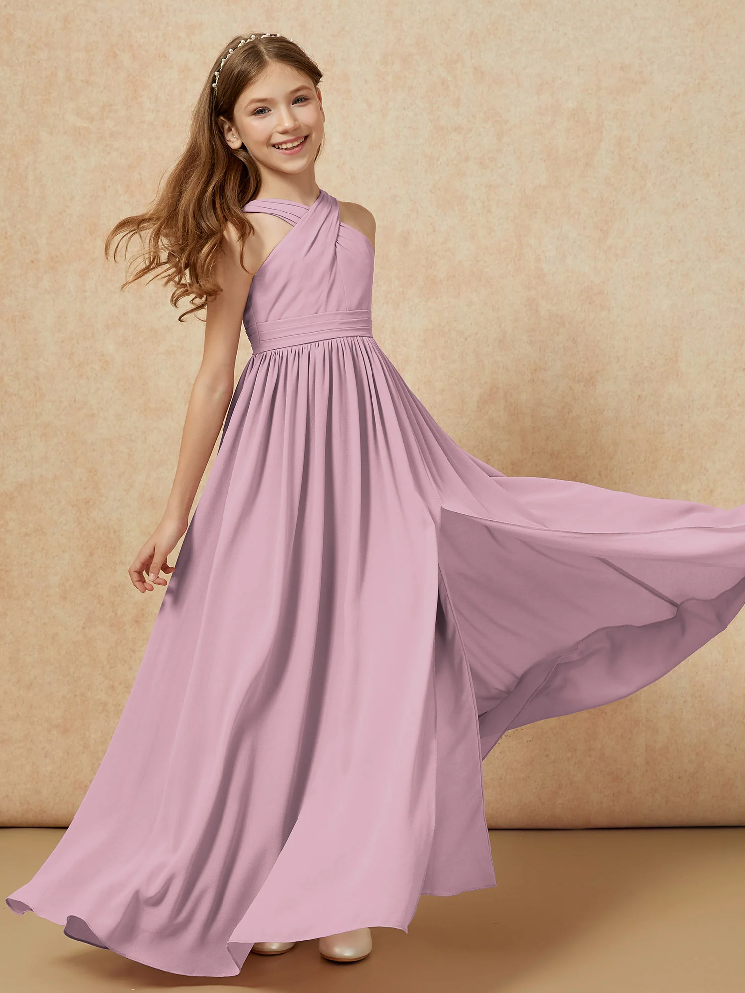 Grecian Neck Chiffon Junior Bridesmaid Dresses With Slit Vintage Mauve - Image 6