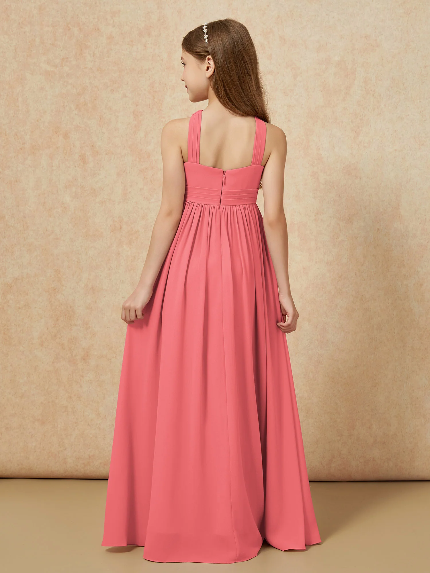 Grecian Neck Chiffon Junior Bridesmaid Dresses With Slit Watermelon - Image 2