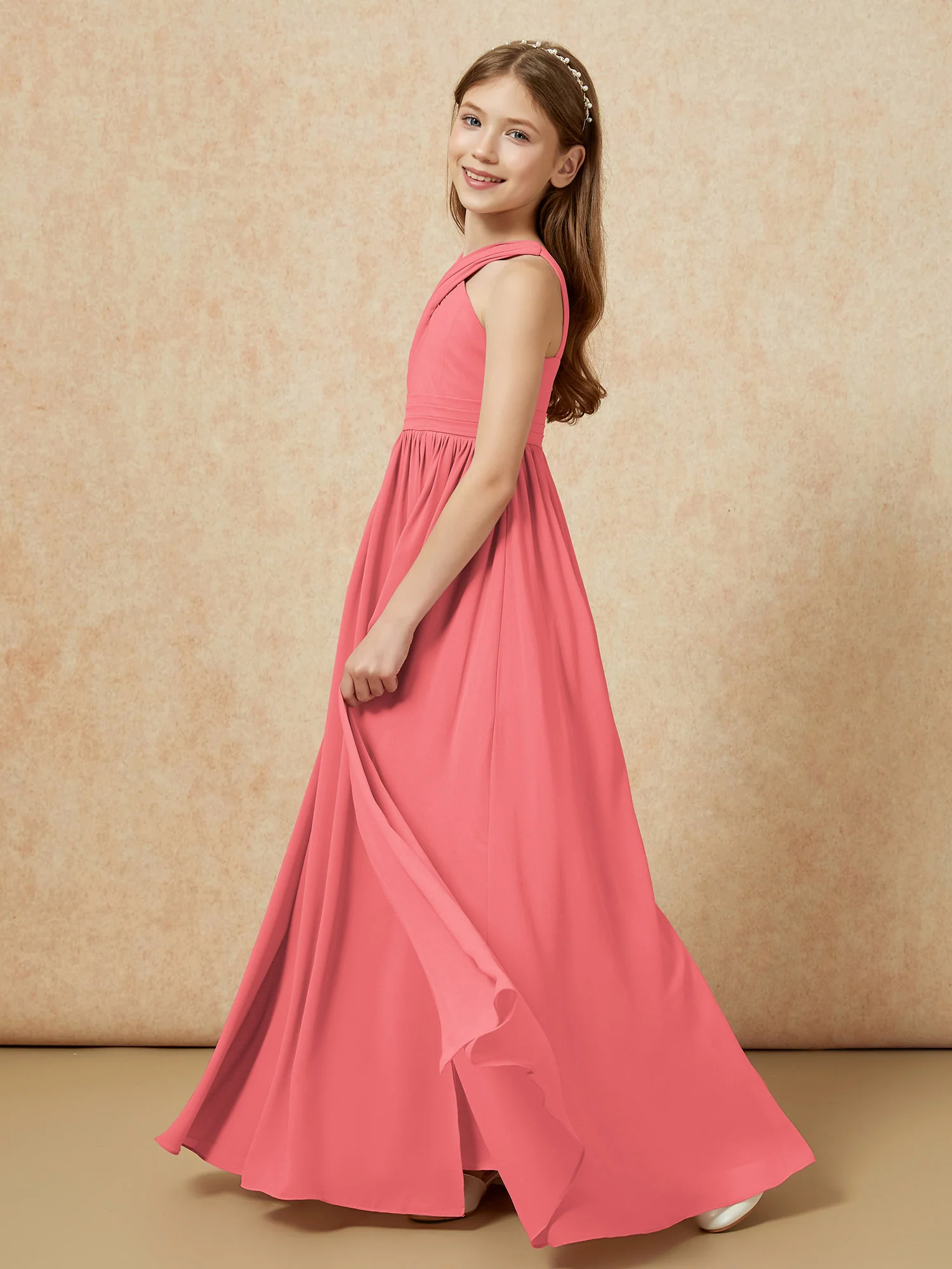 Grecian Neck Chiffon Junior Bridesmaid Dresses With Slit Watermelon - Image 3
