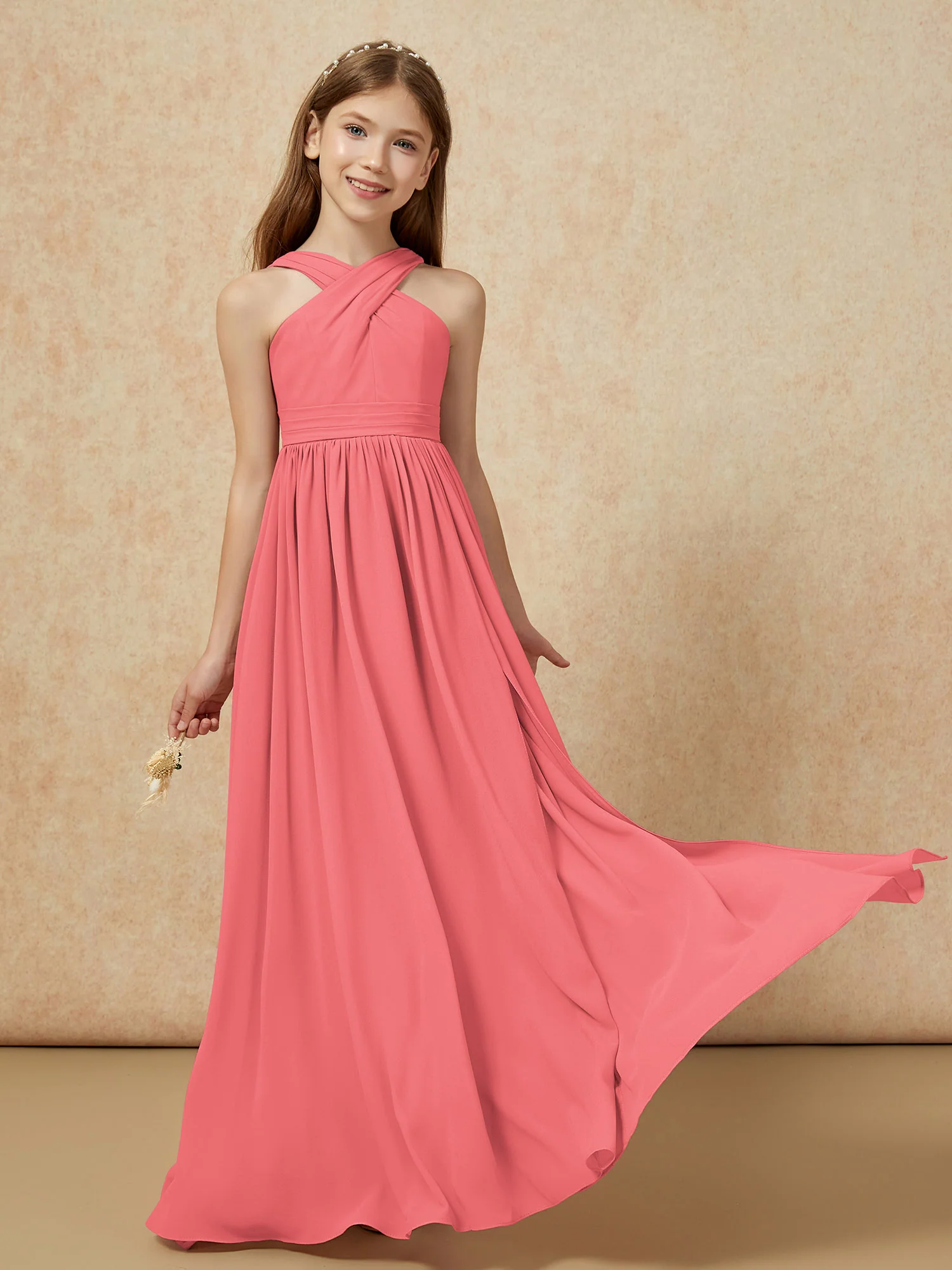 Grecian Neck Chiffon Junior Bridesmaid Dresses With Slit Watermelon - Image 5
