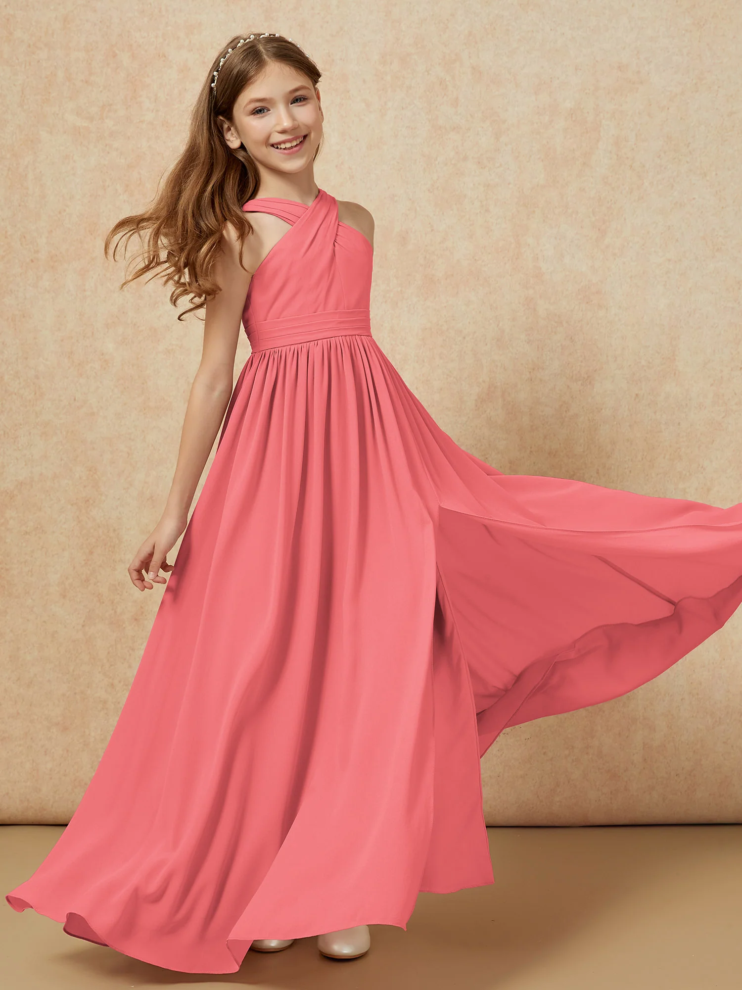 Grecian Neck Chiffon Junior Bridesmaid Dresses With Slit Watermelon - Image 6