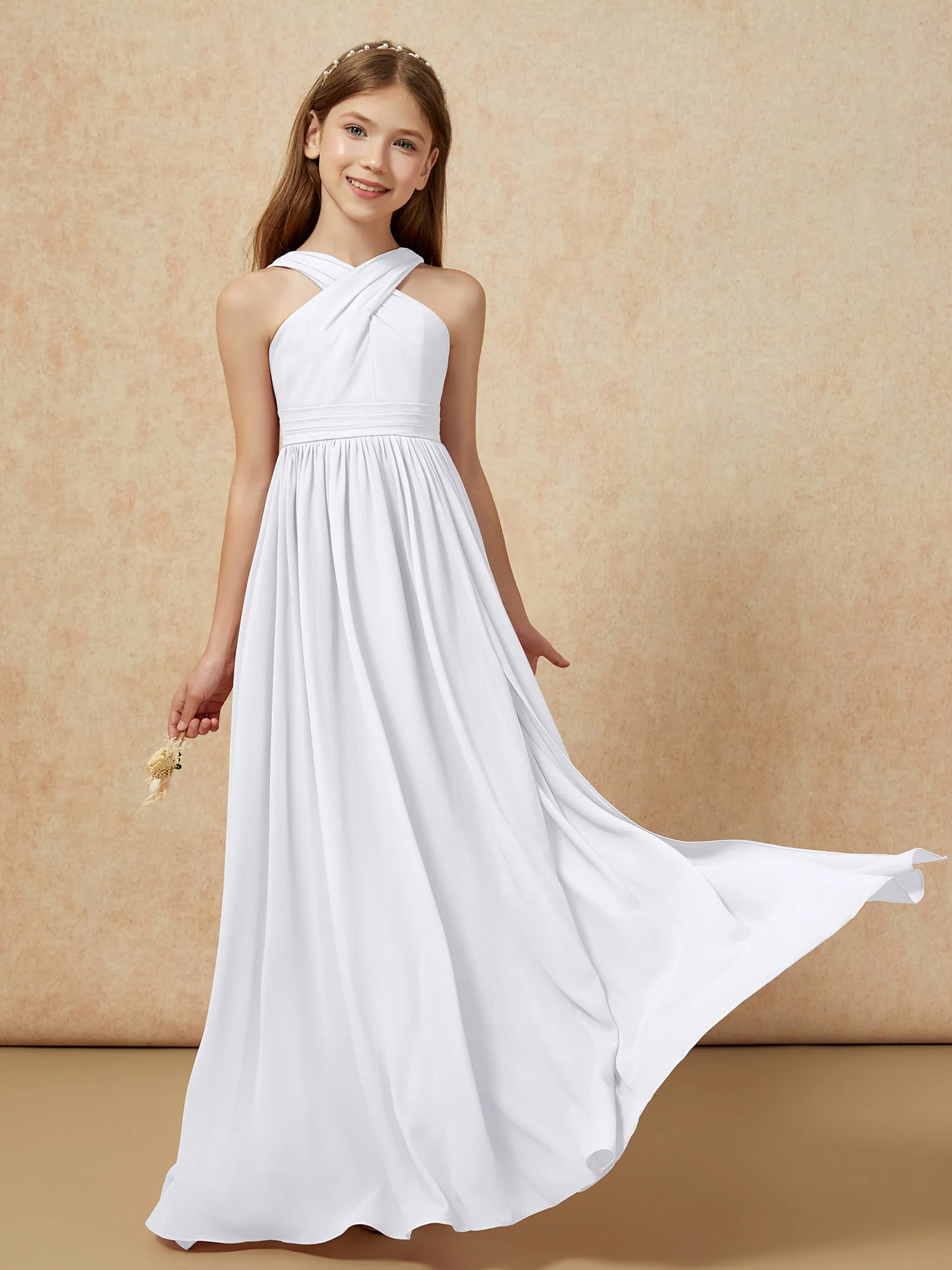 Grecian Neck Chiffon Junior Bridesmaid Dresses With Slit White - Image 5