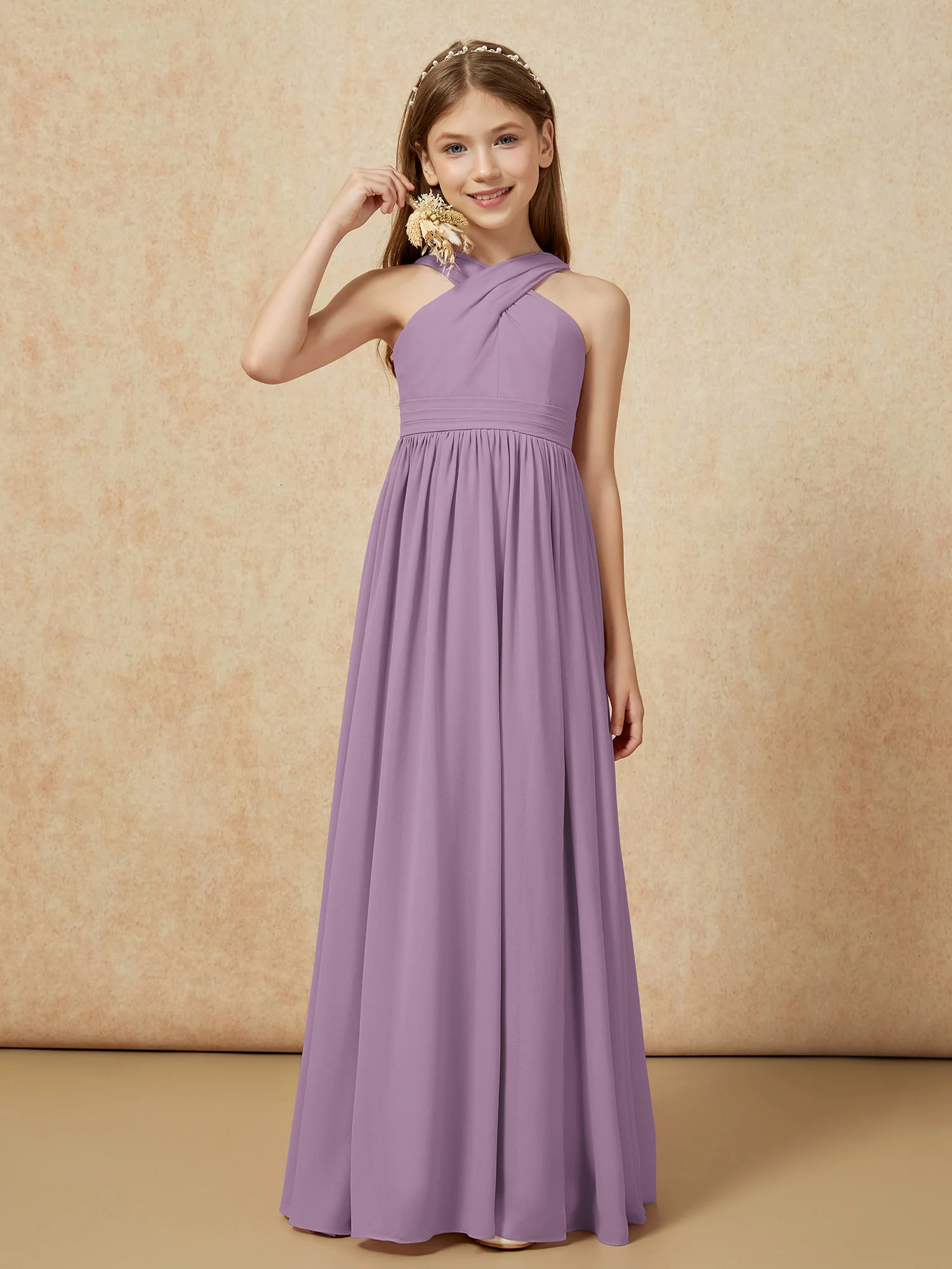 Grecian Neck Chiffon Junior Bridesmaid Dresses With Slit Wisteria