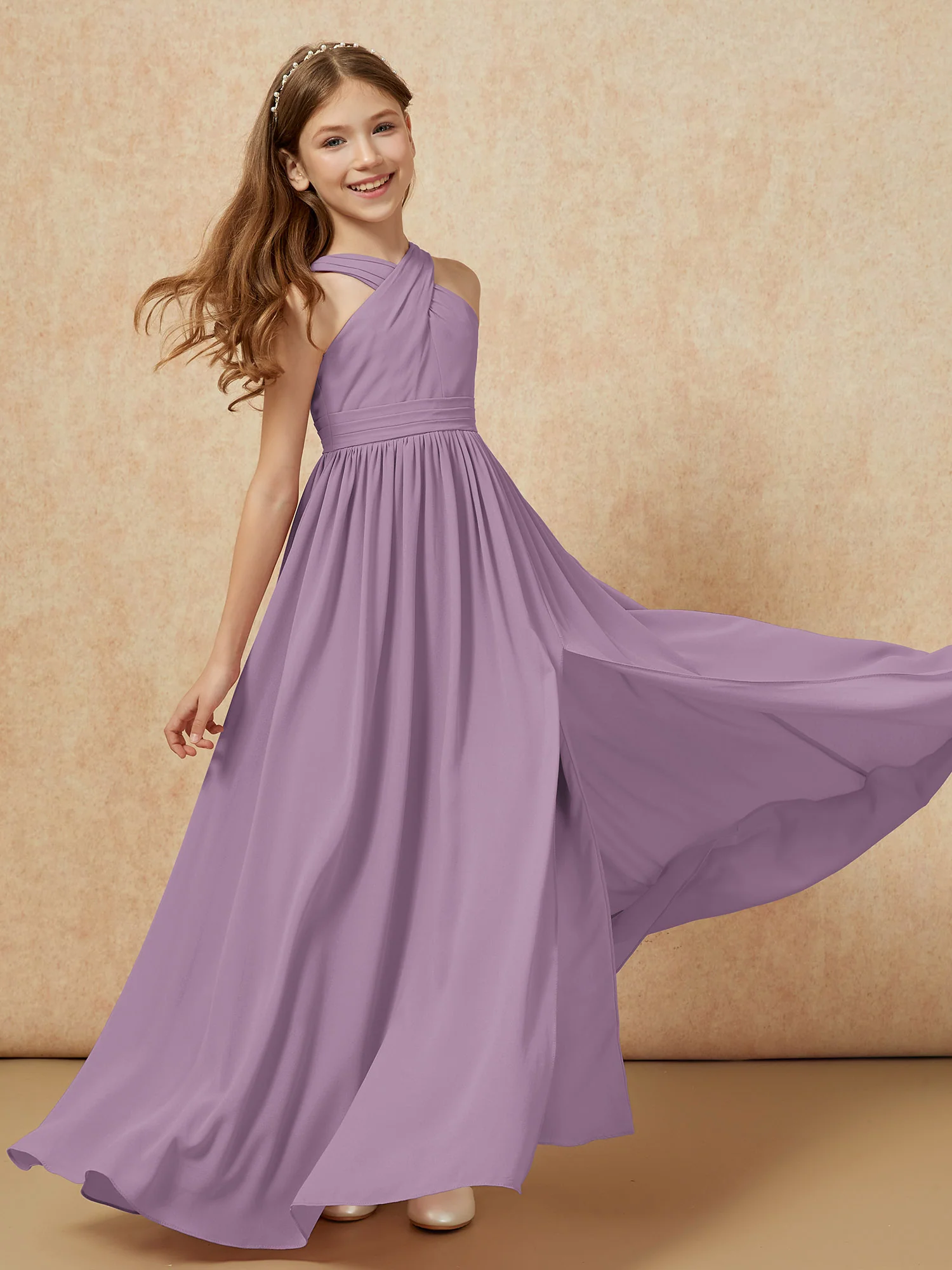 Grecian Neck Chiffon Junior Bridesmaid Dresses With Slit Wisteria - Image 6