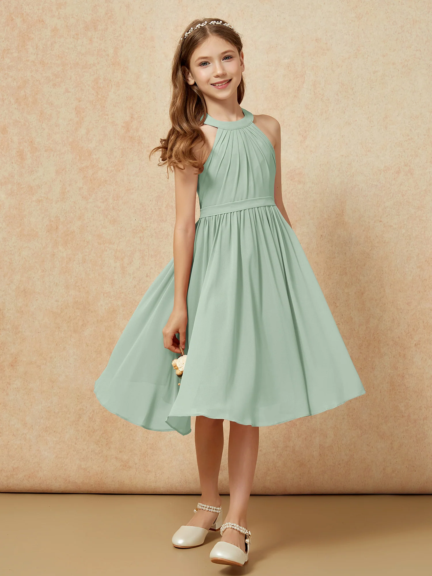 Grecian Neck Knee-length Chiffon Junior Bridesmaid Dress Agave