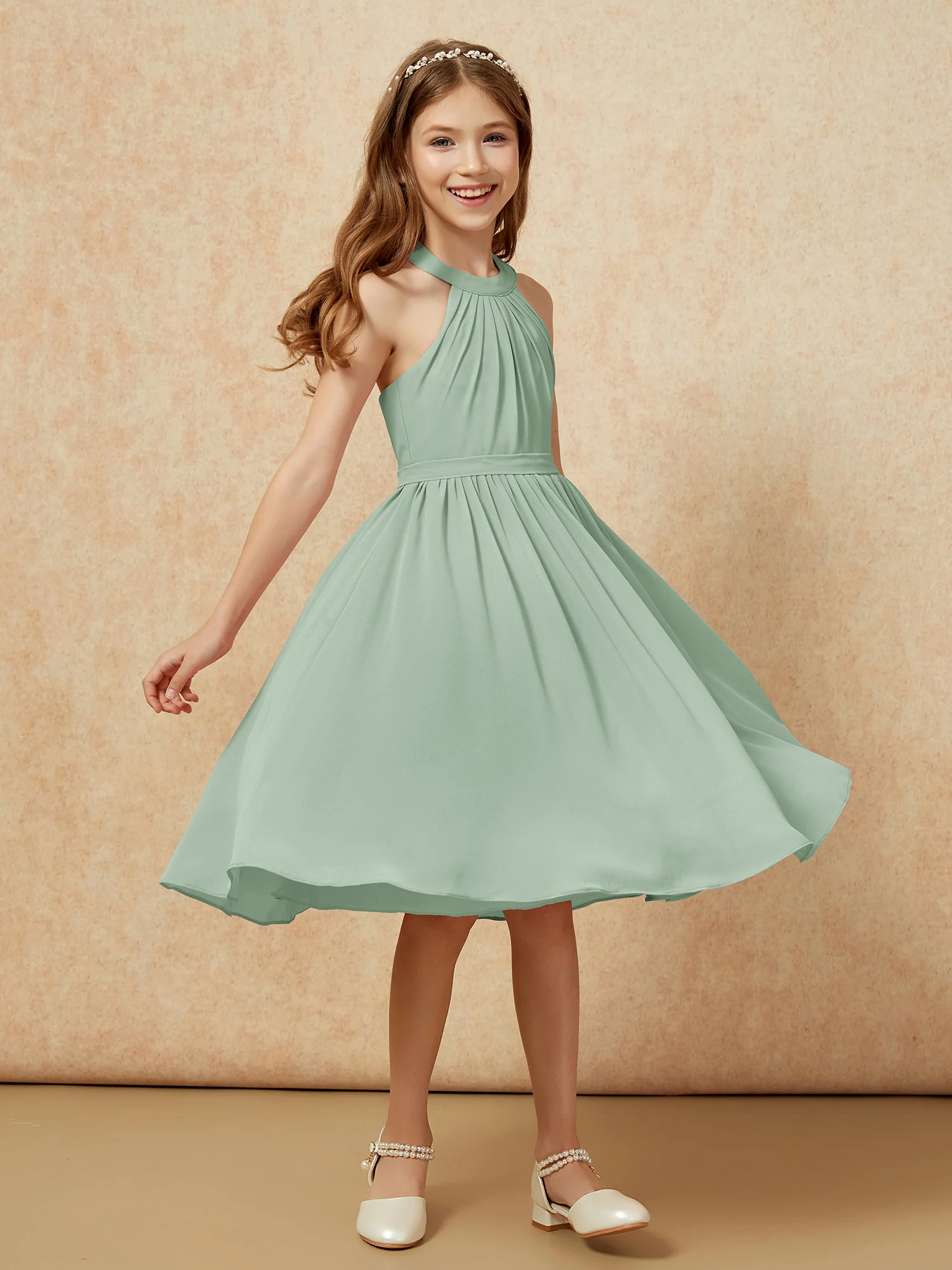 Grecian Neck Knee-length Chiffon Junior Bridesmaid Dress Agave - Image 3