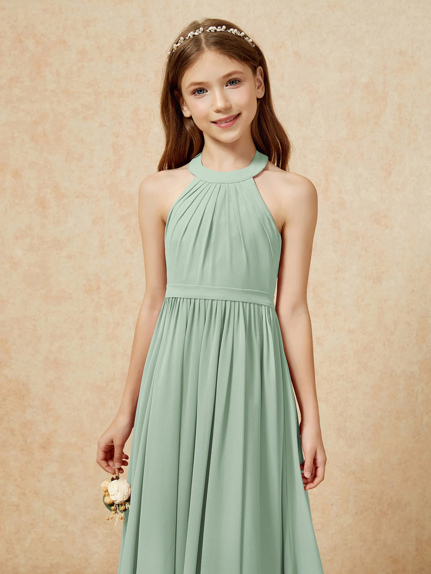 Grecian Neck Knee-length Chiffon Junior Bridesmaid Dress Agave - Image 6
