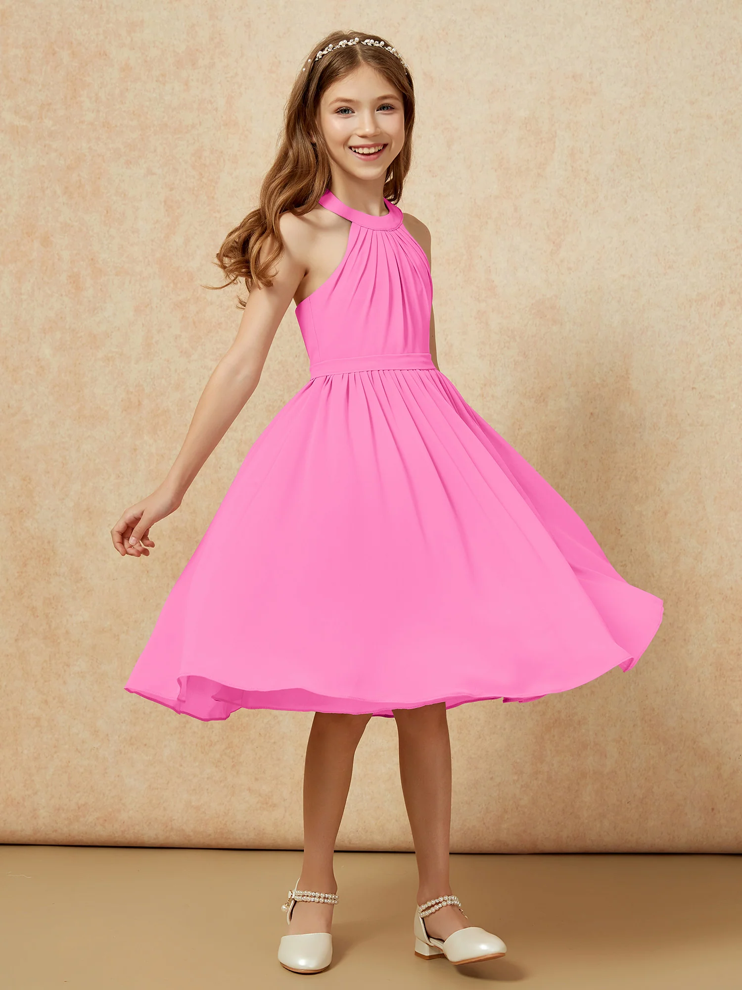 Grecian Neck Knee-length Chiffon Junior Bridesmaid Dress Azalea - Image 3