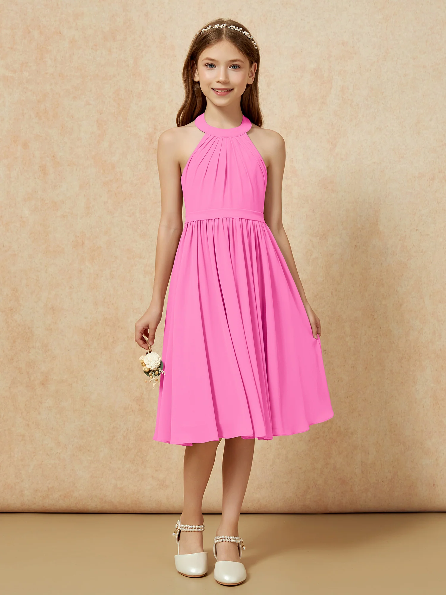 Grecian Neck Knee-length Chiffon Junior Bridesmaid Dress Azalea - Image 4