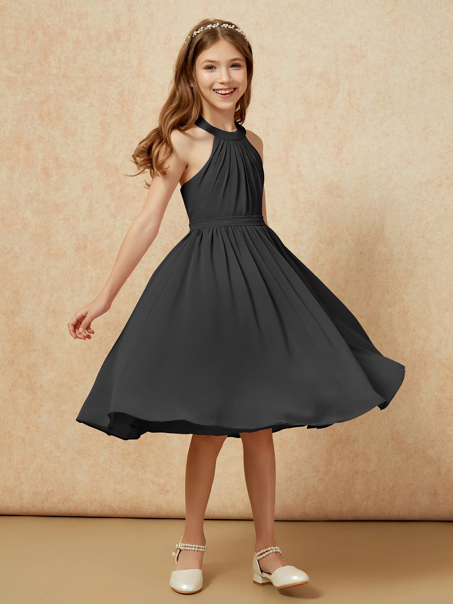 Grecian Neck Knee-length Chiffon Junior Bridesmaid Dress Black - Image 3