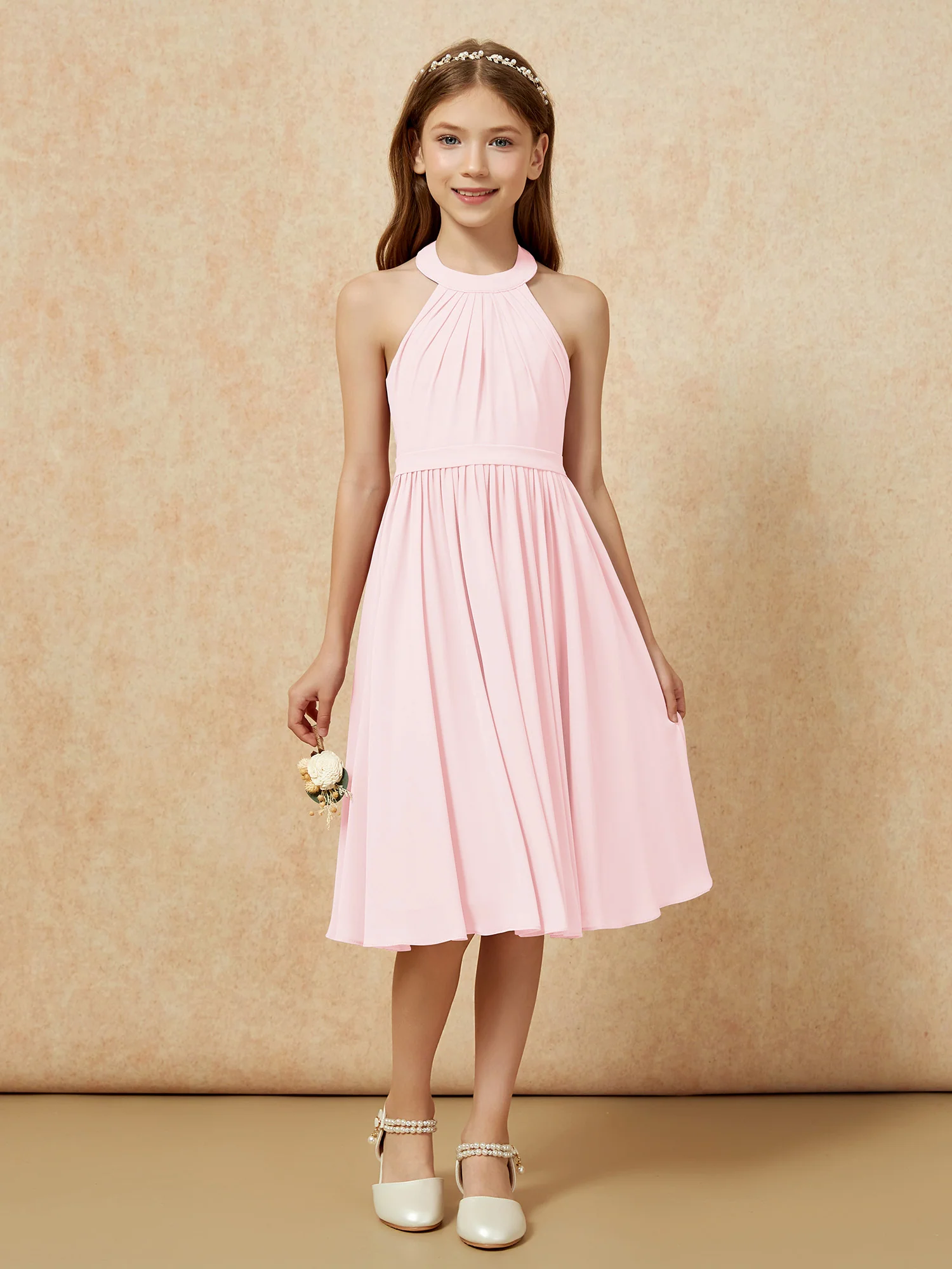 Grecian Neck Knee-length Chiffon Junior Bridesmaid Dress Blushing Pink - Image 4