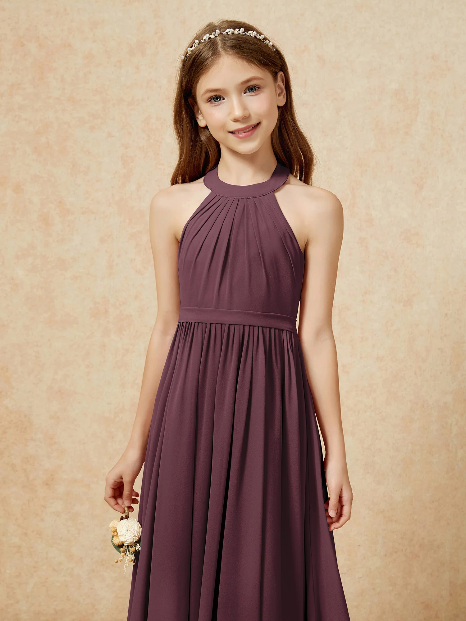 Grecian Neck Knee-length Chiffon Junior Bridesmaid Dress Cabernet - Image 6
