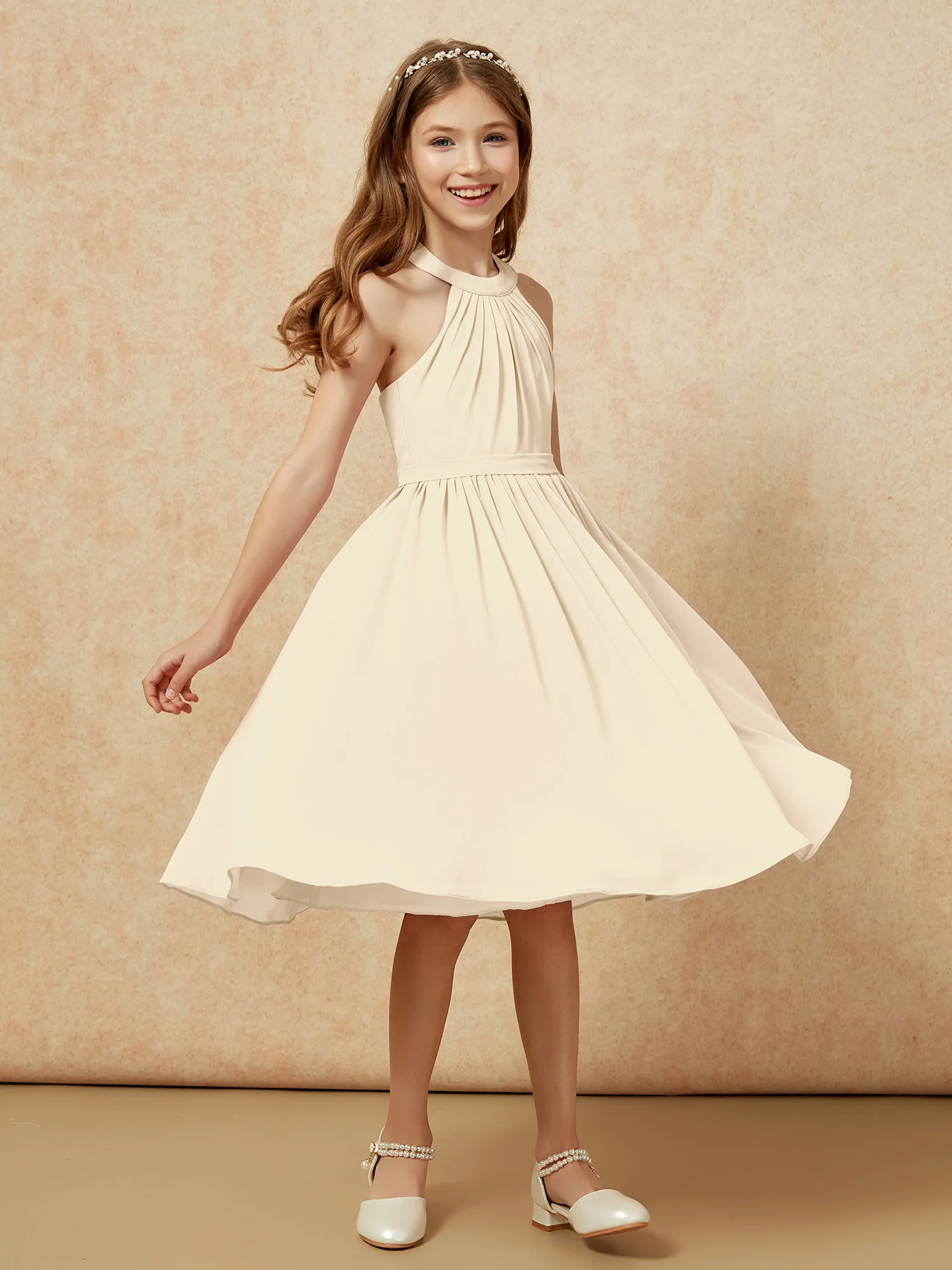 Grecian Neck Knee-length Chiffon Junior Bridesmaid Dress Champagne - Image 3