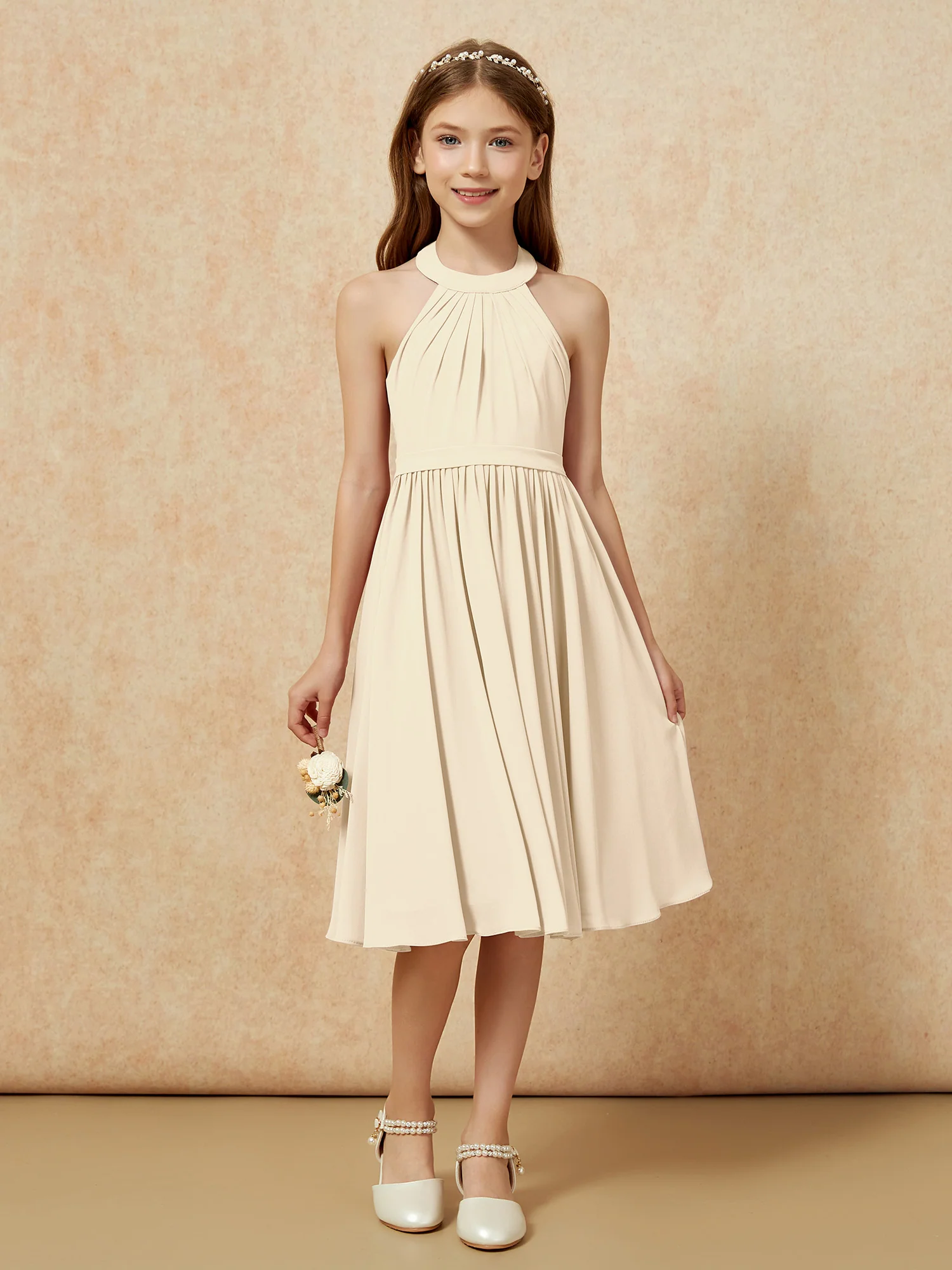 Grecian Neck Knee-length Chiffon Junior Bridesmaid Dress Champagne - Image 4