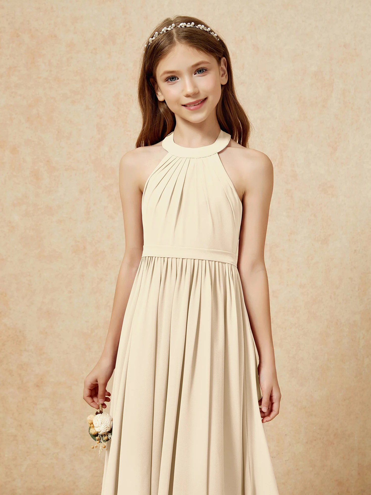 Grecian Neck Knee-length Chiffon Junior Bridesmaid Dress Champagne - Image 6