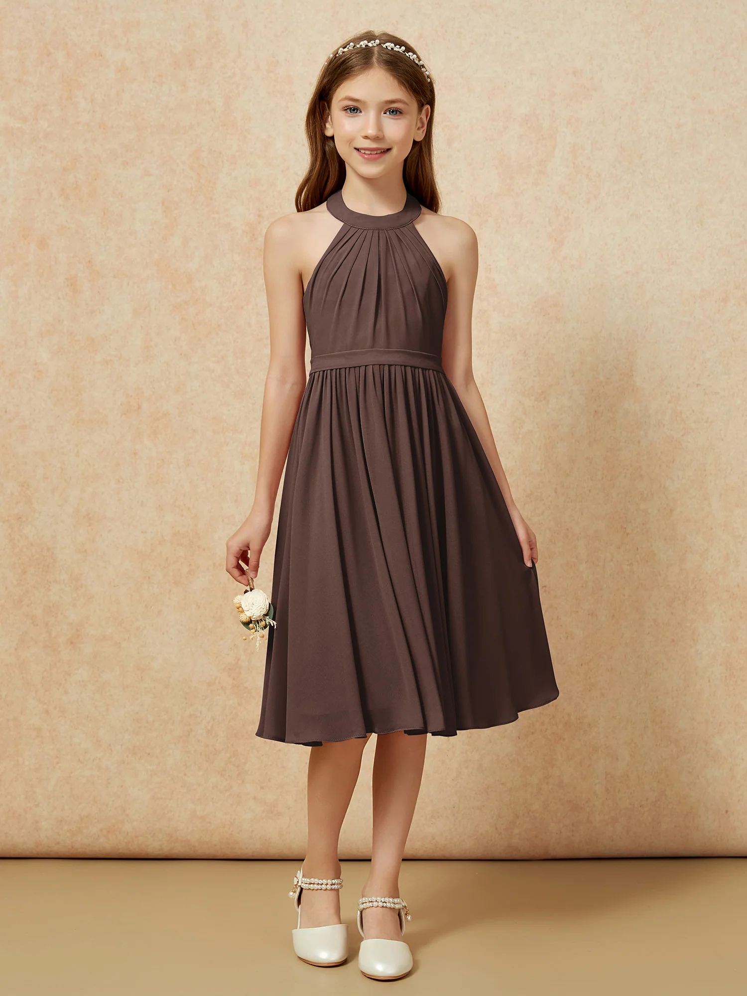 Grecian Neck Knee-length Chiffon Junior Bridesmaid Dress Chocolate - Image 4