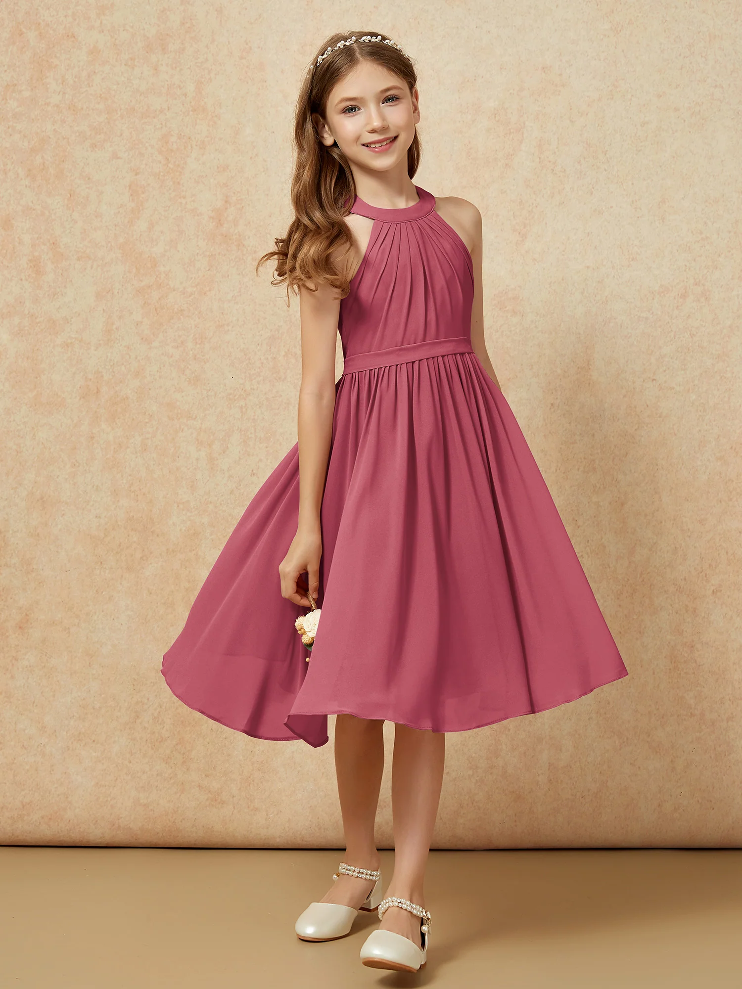 Grecian Neck Knee-length Chiffon Junior Bridesmaid Dress Cinnamon Rose
