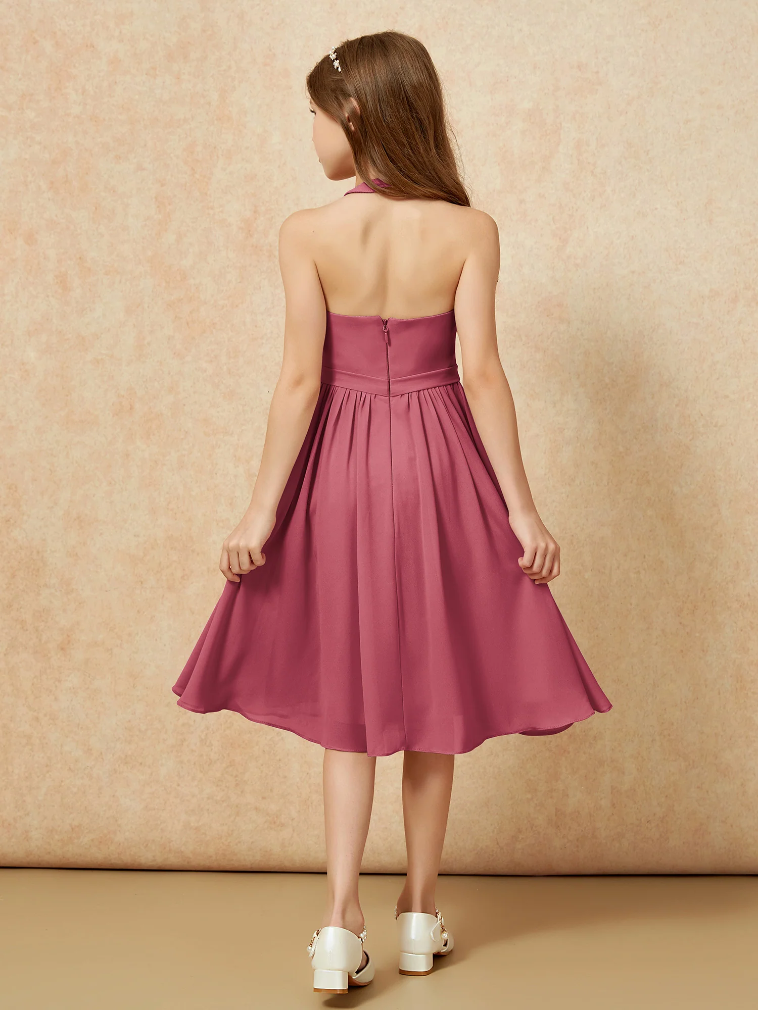 Grecian Neck Knee-length Chiffon Junior Bridesmaid Dress Cinnamon Rose - Image 2