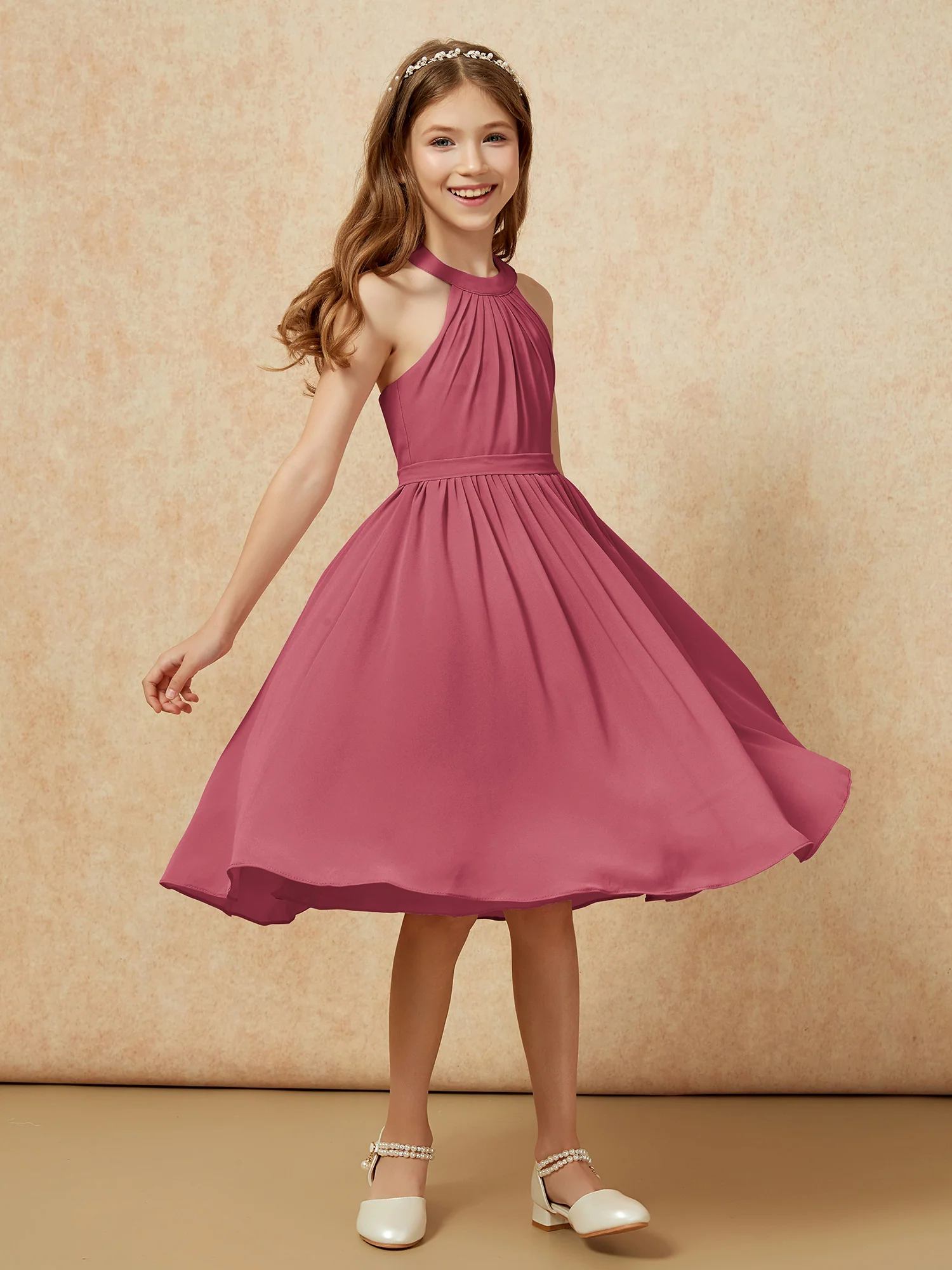 Grecian Neck Knee-length Chiffon Junior Bridesmaid Dress Cinnamon Rose - Image 3