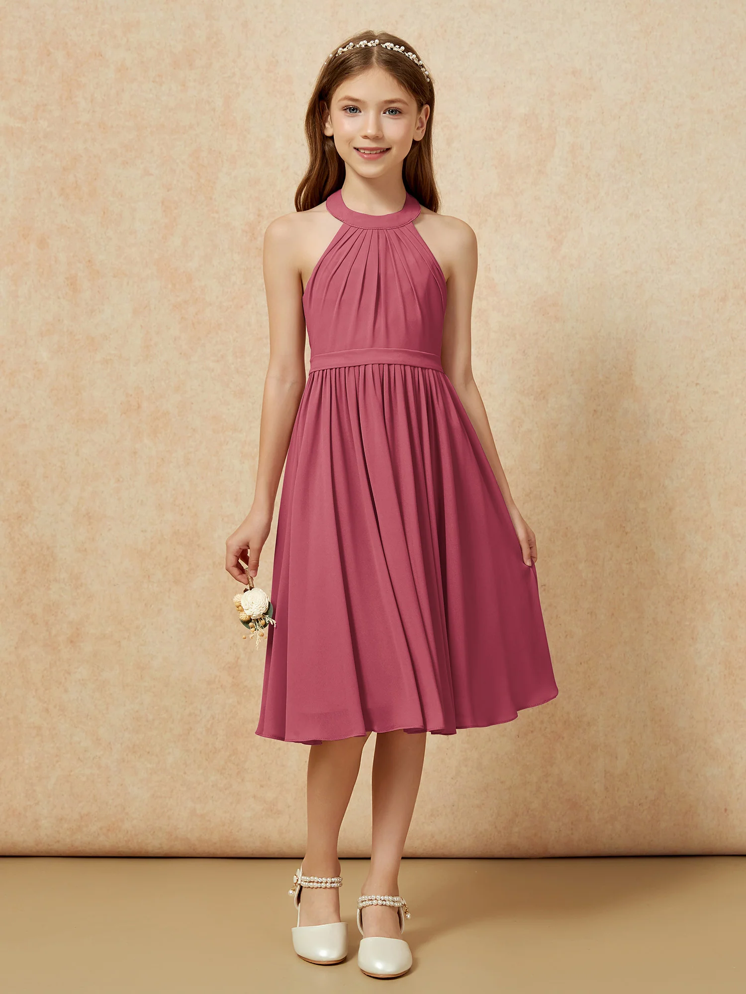 Grecian Neck Knee-length Chiffon Junior Bridesmaid Dress Cinnamon Rose - Image 4