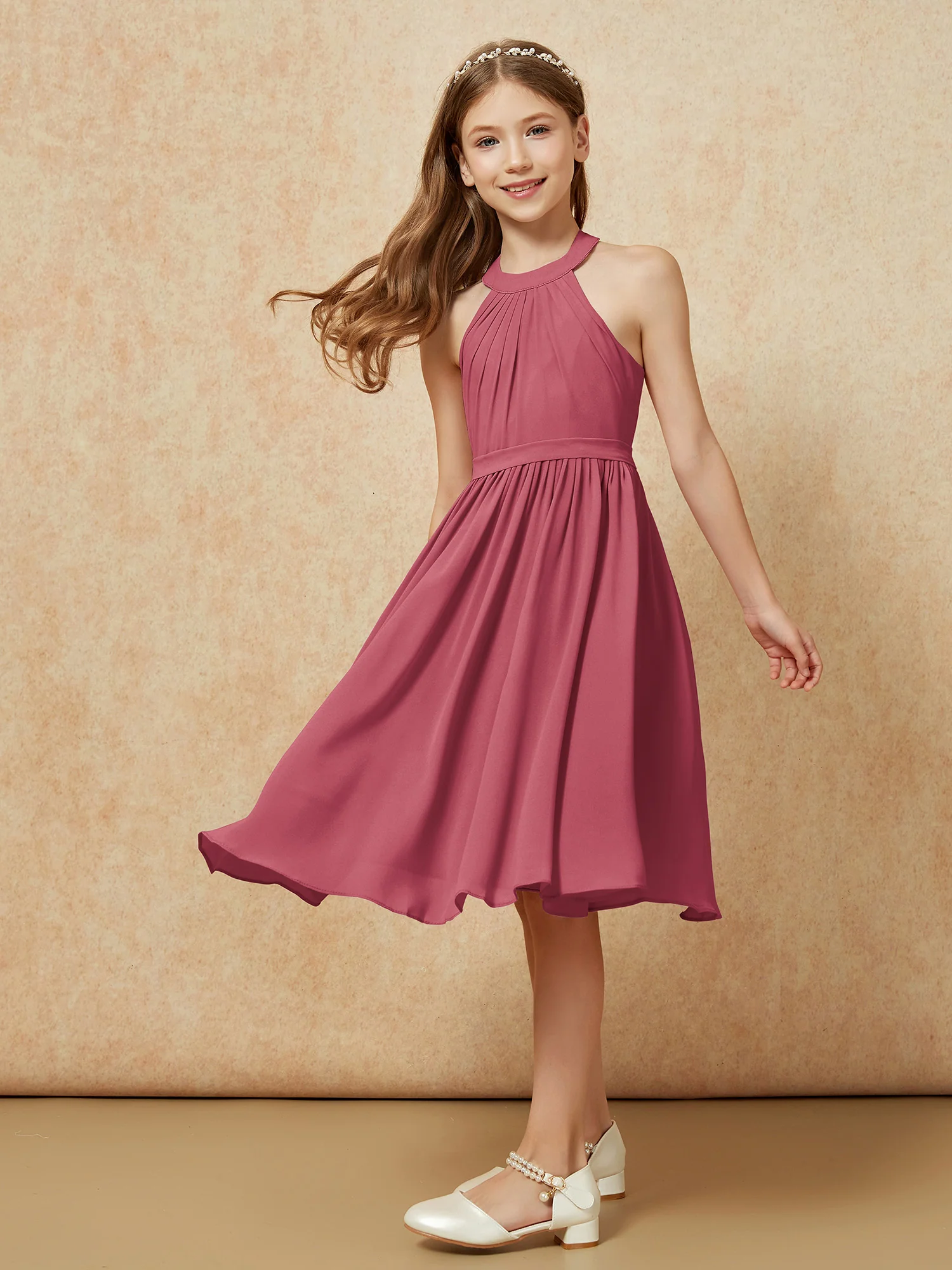 Grecian Neck Knee-length Chiffon Junior Bridesmaid Dress Cinnamon Rose - Image 5
