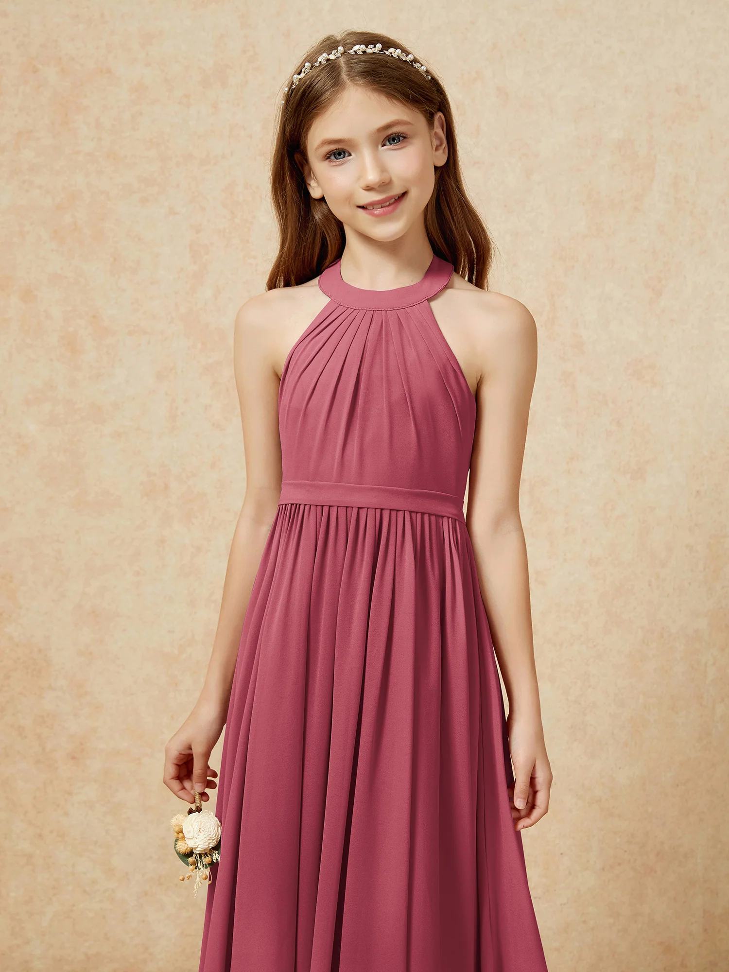 Grecian Neck Knee-length Chiffon Junior Bridesmaid Dress Cinnamon Rose - Image 6