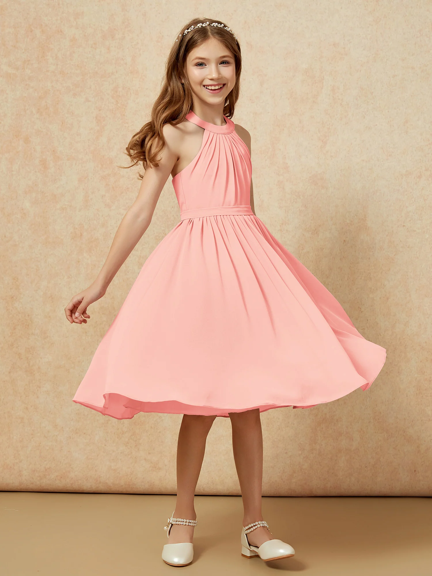 Grecian Neck Knee-length Chiffon Junior Bridesmaid Dress Coral - Image 3