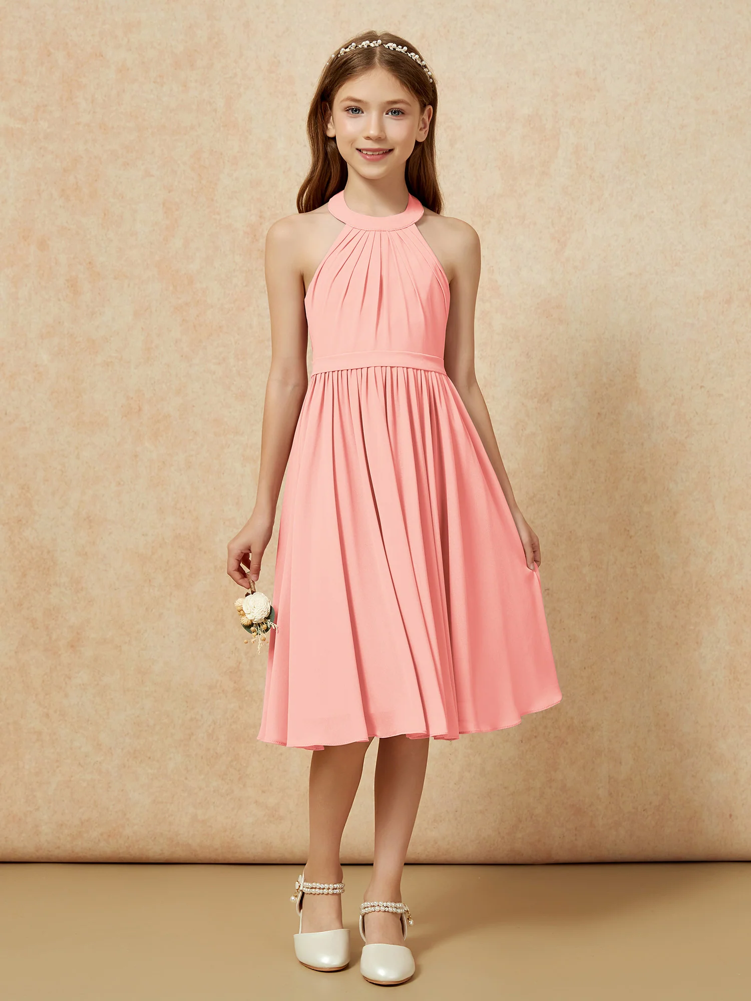 Grecian Neck Knee-length Chiffon Junior Bridesmaid Dress Coral - Image 4