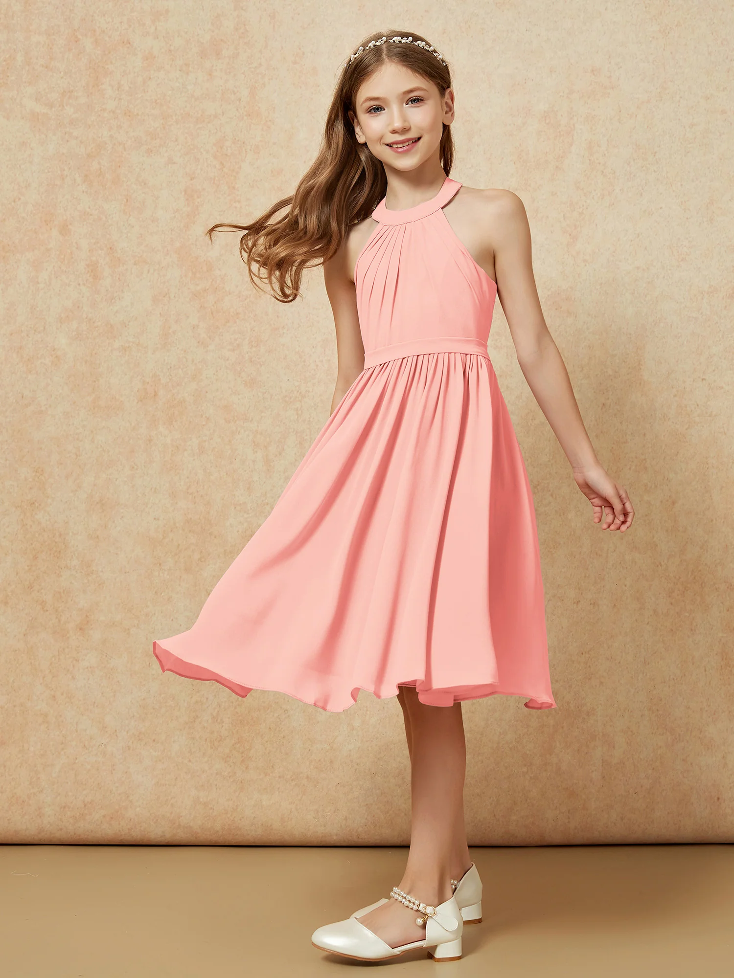 Grecian Neck Knee-length Chiffon Junior Bridesmaid Dress Coral - Image 5
