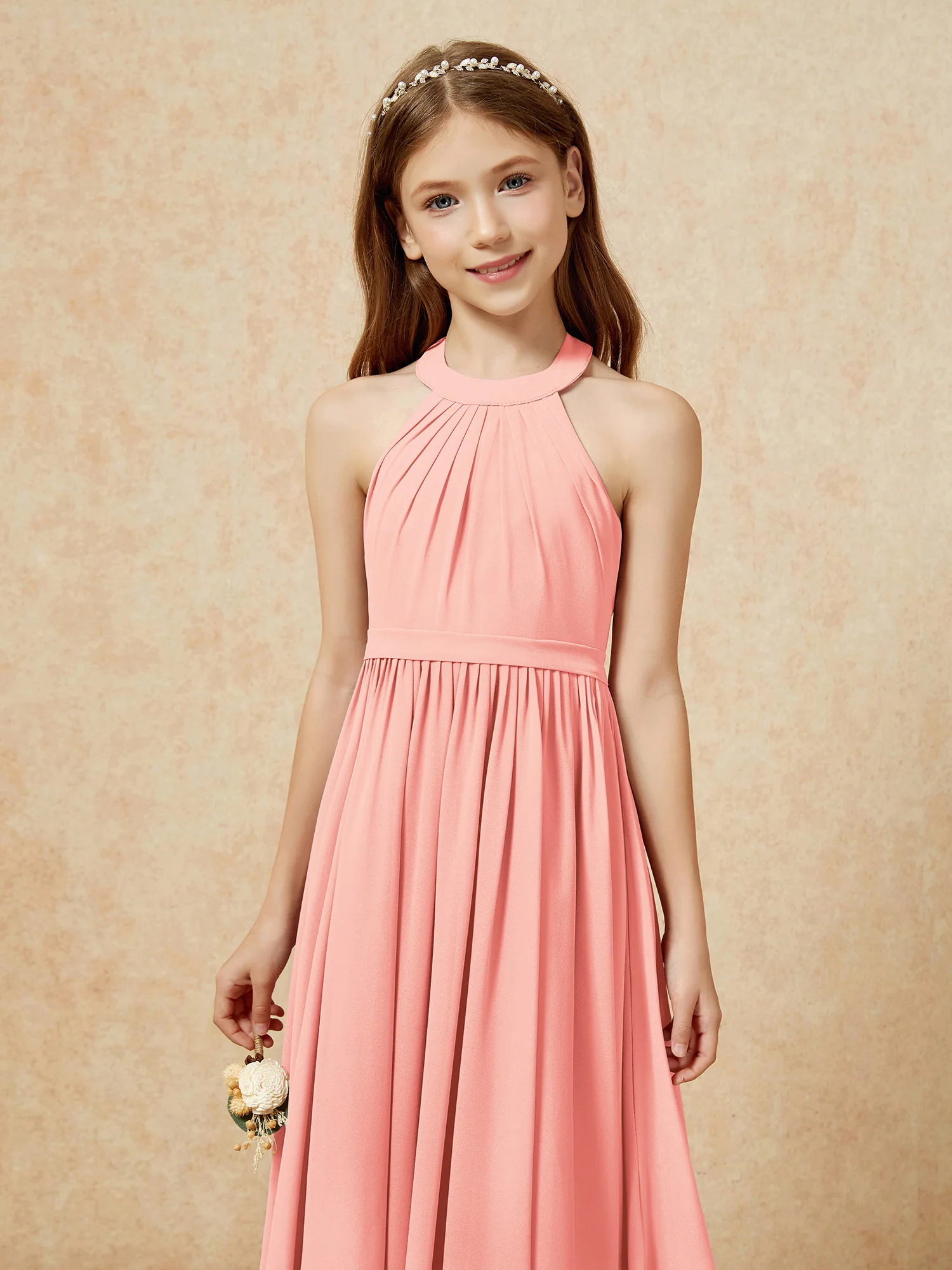 Grecian Neck Knee-length Chiffon Junior Bridesmaid Dress Coral - Image 6