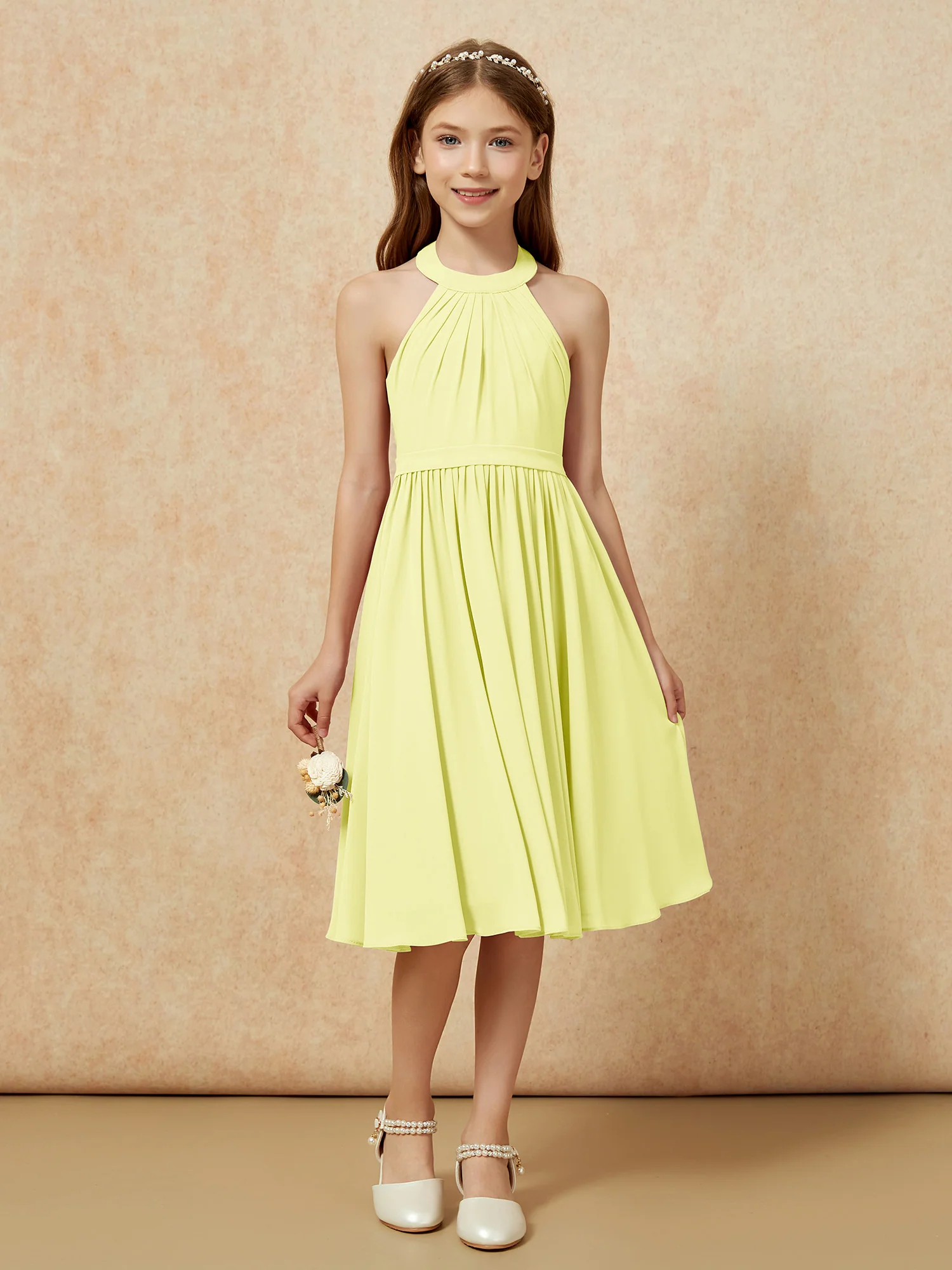 Grecian Neck Knee-length Chiffon Junior Bridesmaid Dress Daffodil - Image 4