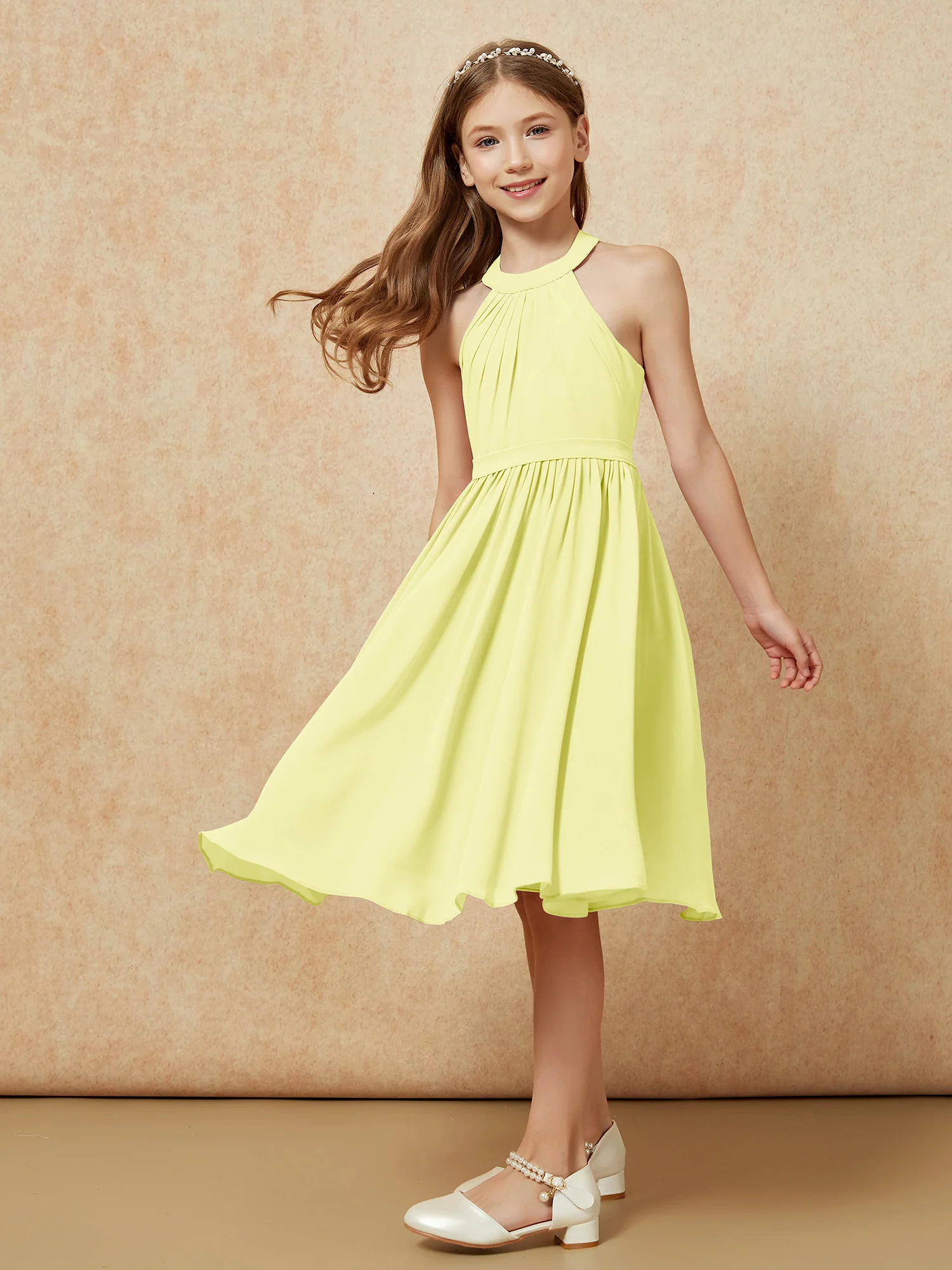Grecian Neck Knee-length Chiffon Junior Bridesmaid Dress Daffodil - Image 5