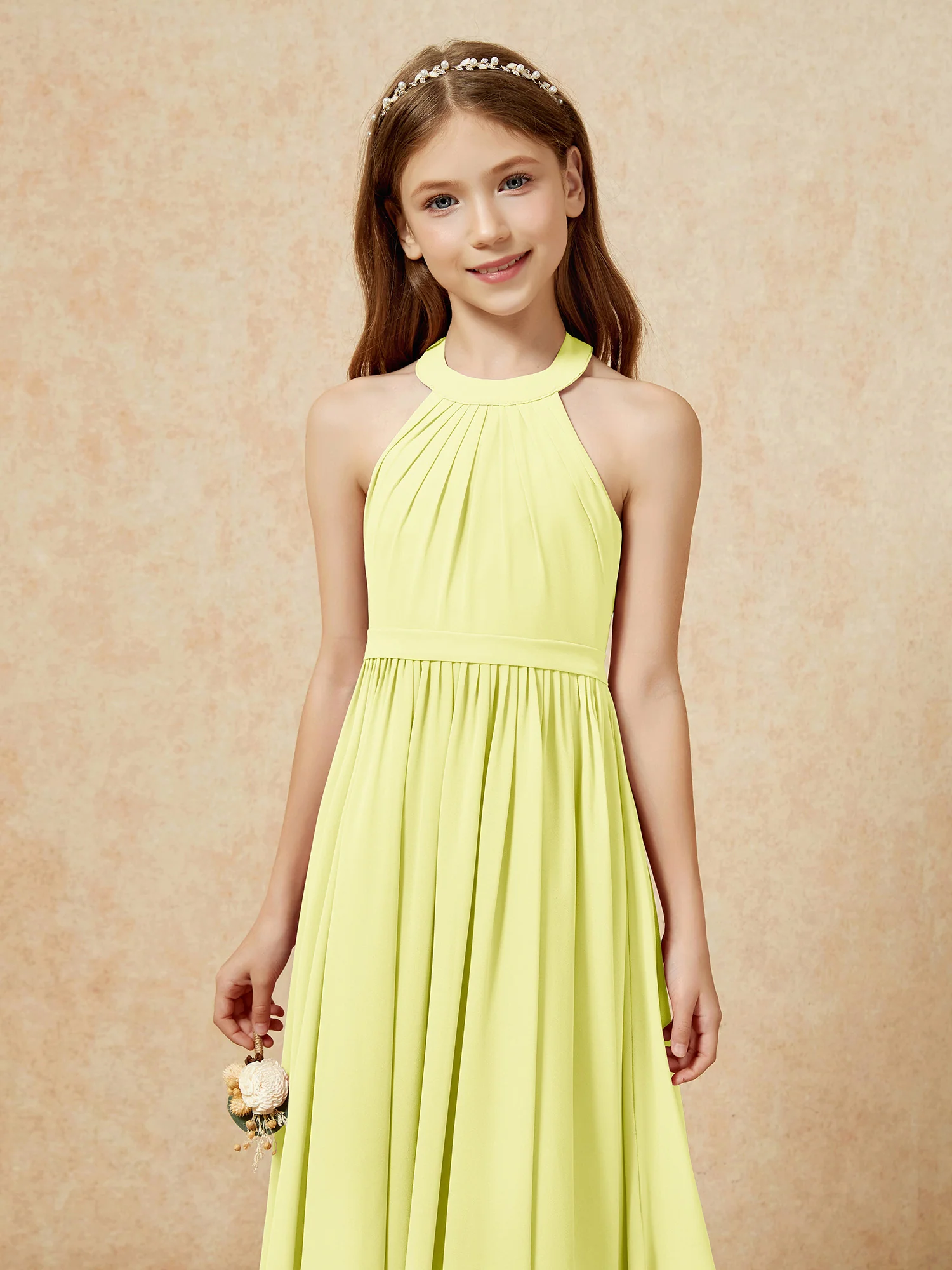 Grecian Neck Knee-length Chiffon Junior Bridesmaid Dress Daffodil - Image 6