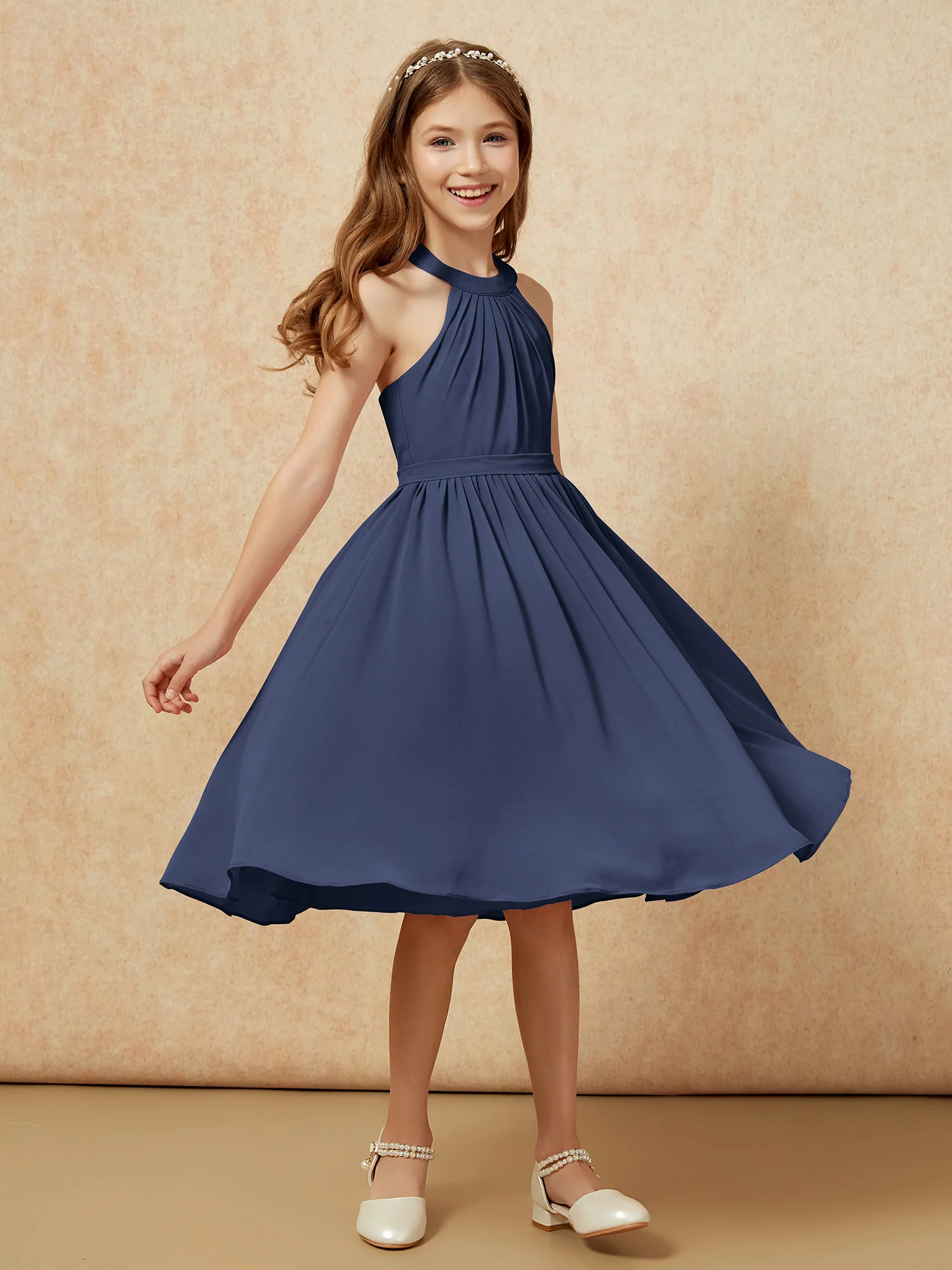 Grecian Neck Knee-length Chiffon Junior Bridesmaid Dress Dark Navy - Image 3