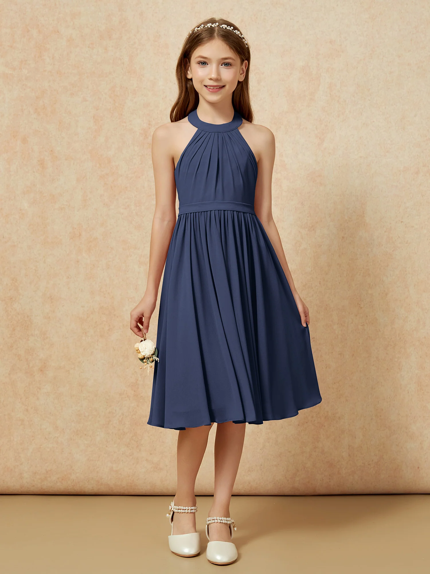 Grecian Neck Knee-length Chiffon Junior Bridesmaid Dress Dark Navy - Image 4