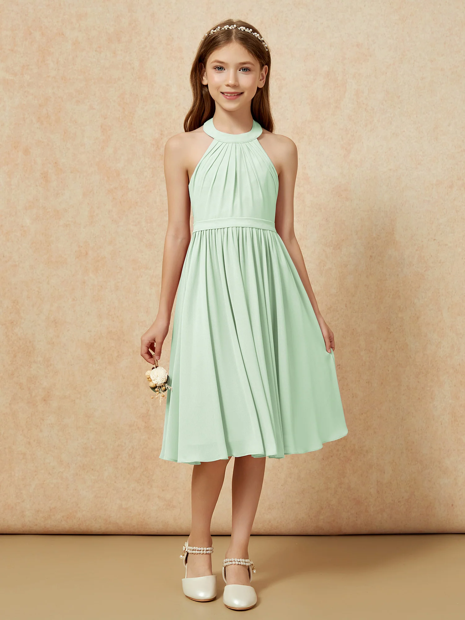 Grecian Neck Knee-length Chiffon Junior Bridesmaid Dress Dusty Sage - Image 4
