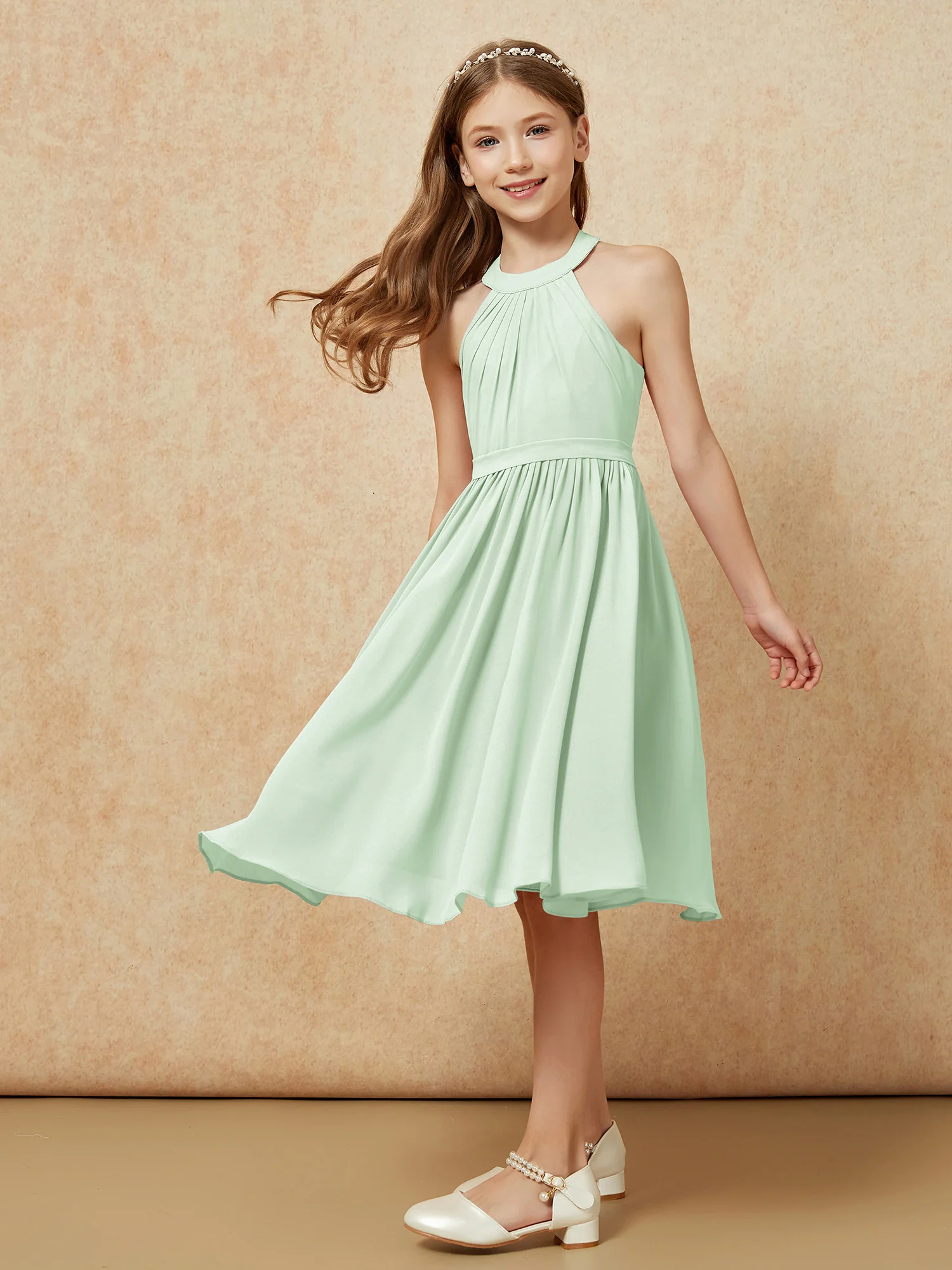 Grecian Neck Knee-length Chiffon Junior Bridesmaid Dress Dusty Sage - Image 5
